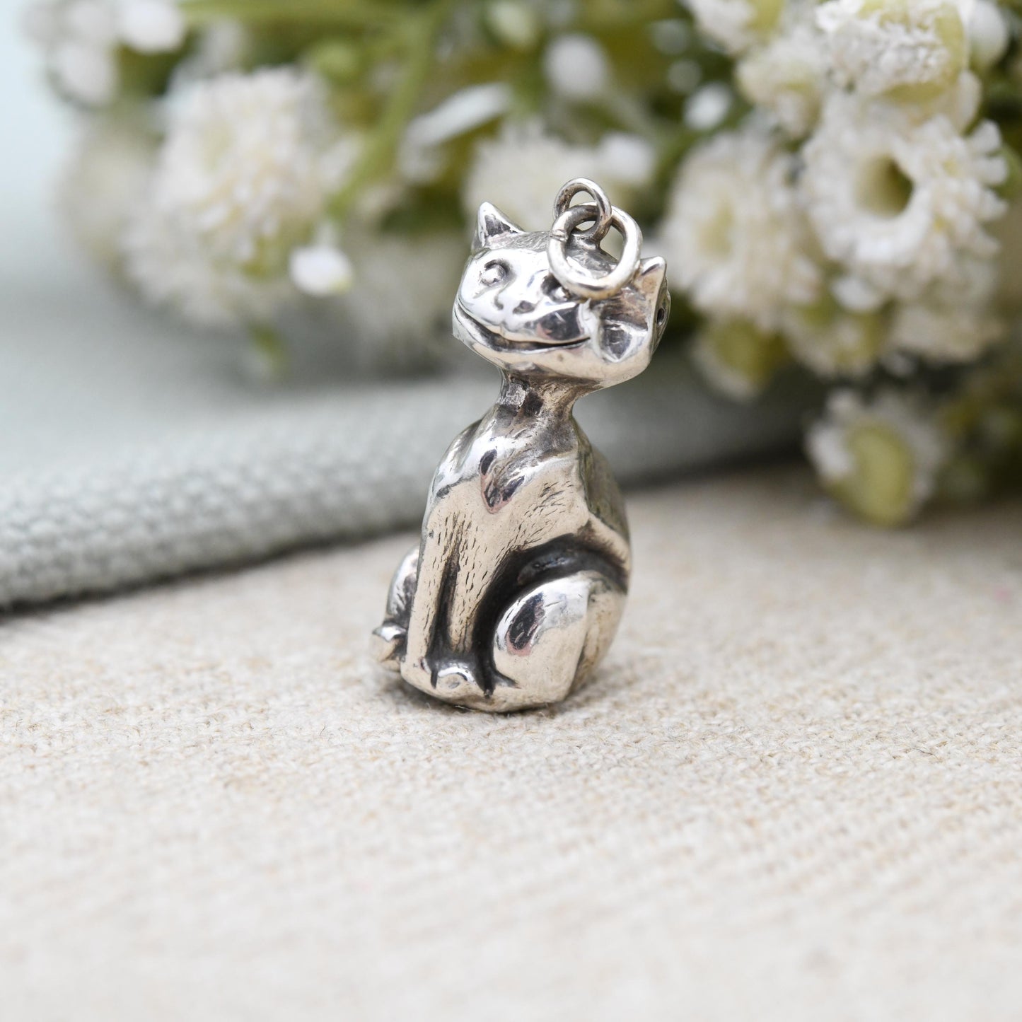 Antique Smiling Cat Charm Pendant Sterling Silver 1909 by William Vale WV&S - Edwardian Good Luck Charm | Sitting Cat Unusual Cheshire Cat
