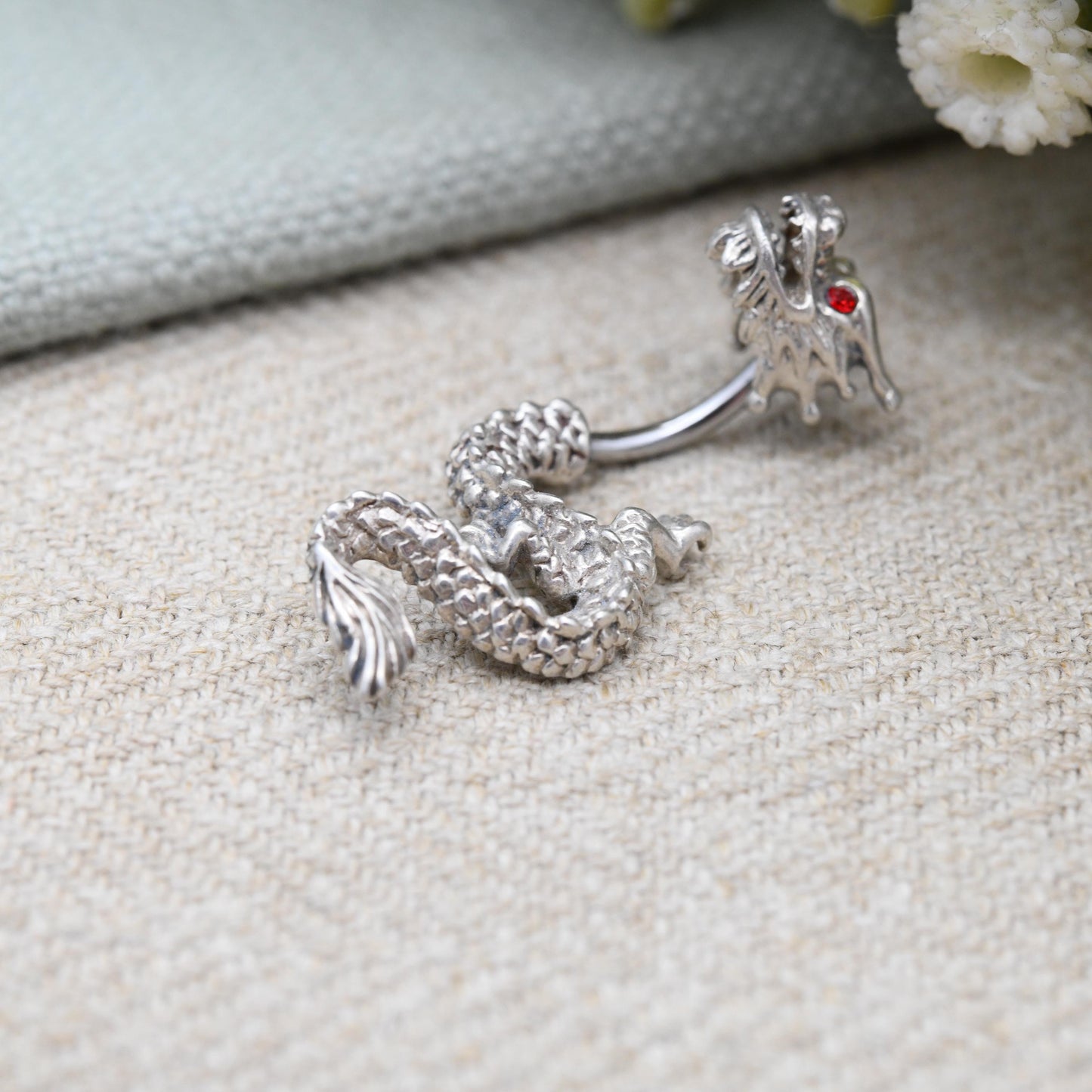 Sterling Silver Dragon Belly Bar with Red Eyes - Stainless Steel Bar | Split Chinese Dragon Design | Textured Scales Wyvern