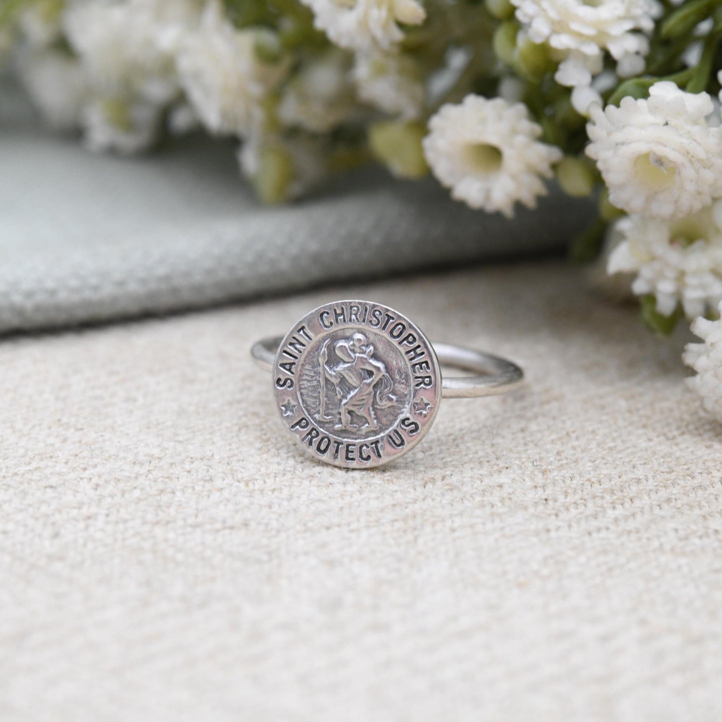 Sterling Silver St Christopher Ring - Patron Saint of Travellers Christopher Protect Us Christian Unisex Gift | UK Size - P US Size - 7 3/4