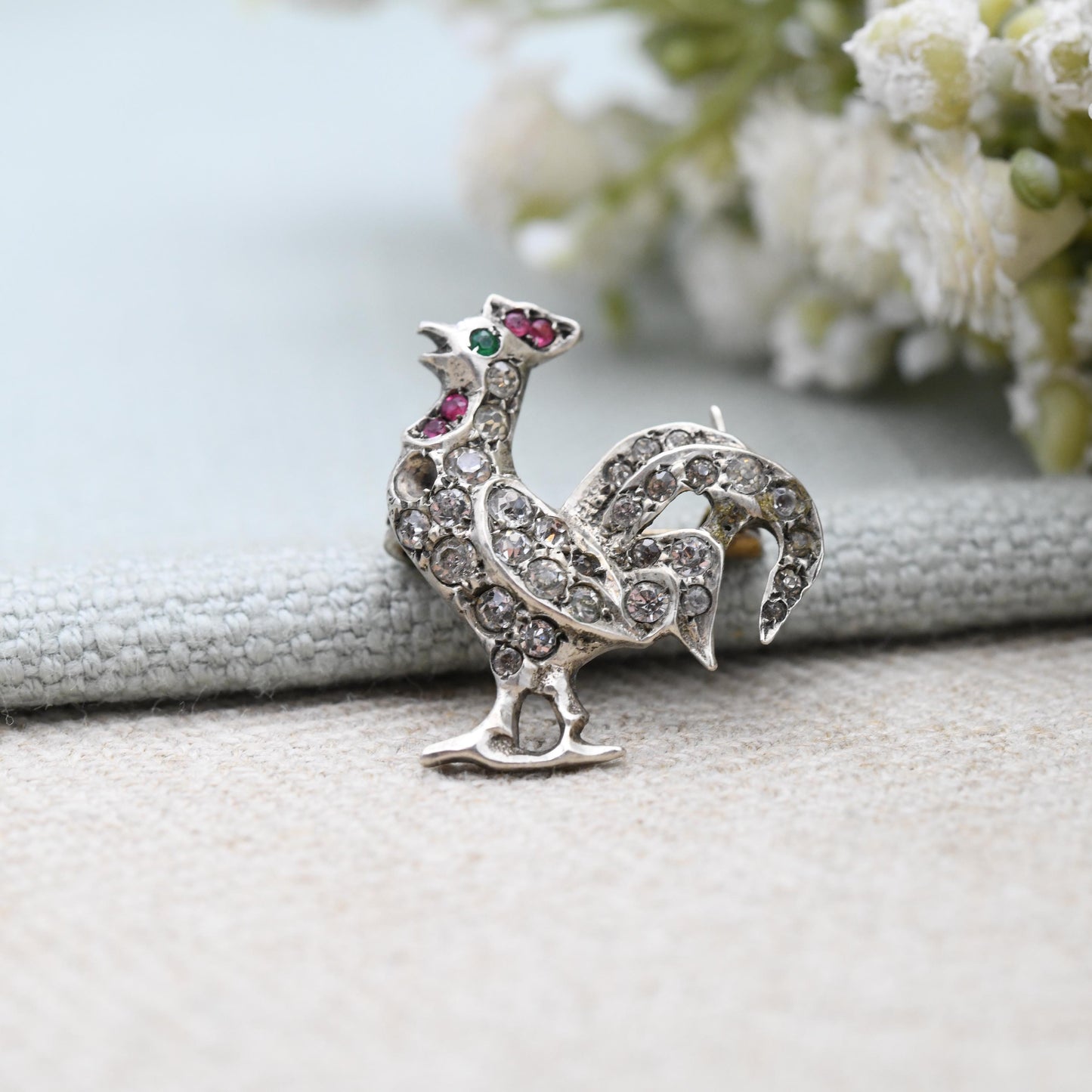Antique Silver Paste Cockerel Brooch c. 1910s - 800 European Silver Novelty Animal Jewellery | Edwardian Rooster Brooch | Sparkly Stones