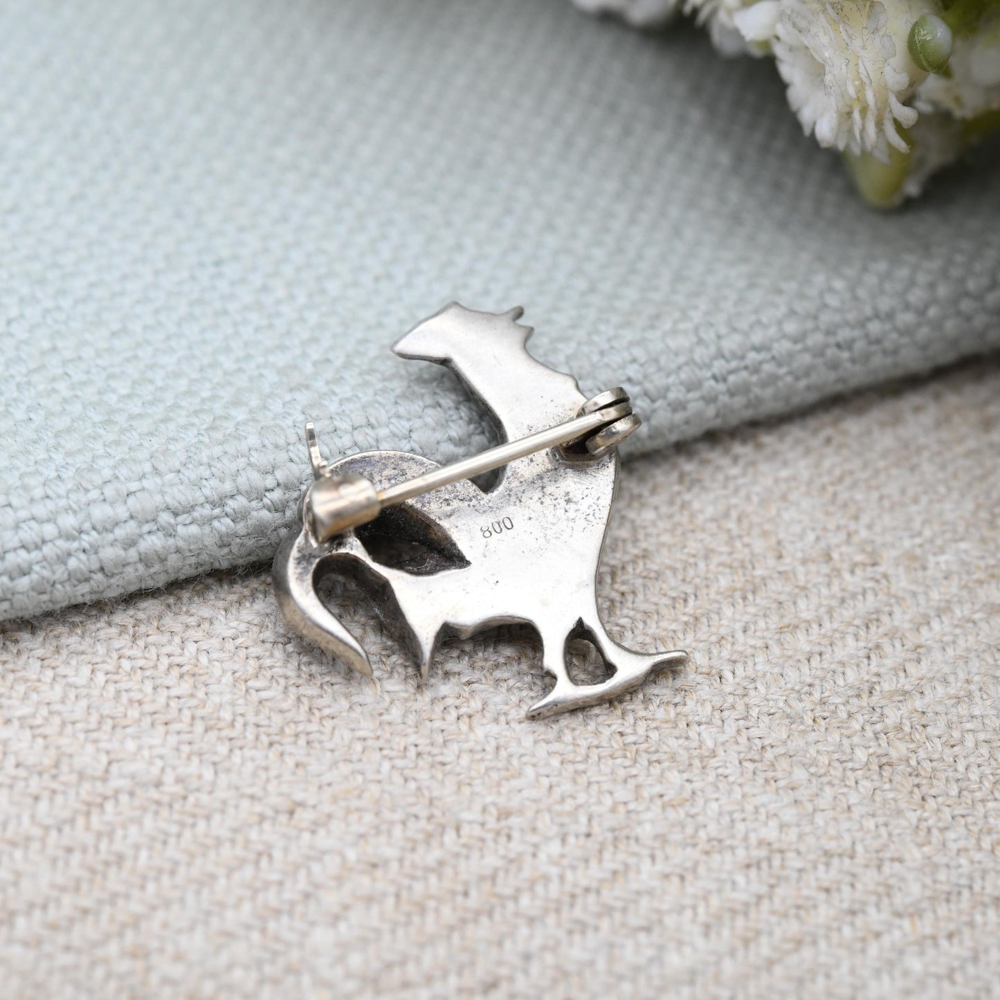 Antique Silver Paste Cockerel Brooch c. 1910s - 800 European Silver Novelty Animal Jewellery | Edwardian Rooster Brooch | Sparkly Stones