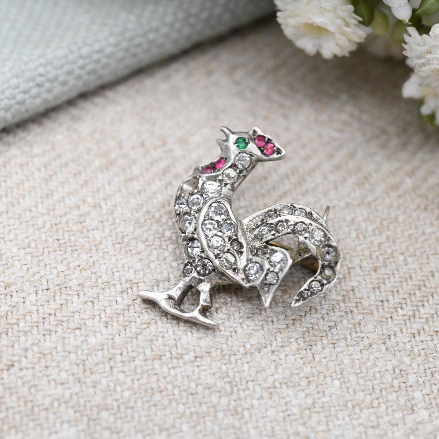 Antique Silver Paste Cockerel Brooch c. 1910s - 800 European Silver Novelty Animal Jewellery | Edwardian Rooster Brooch | Sparkly Stones