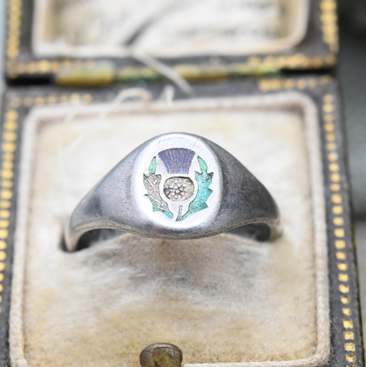 Antique Charles Horner Sterling Silver Enamel Thistle Signet Ring - Purple Scotland National Flower | Small UK Size - K | US Size - 5 1/4