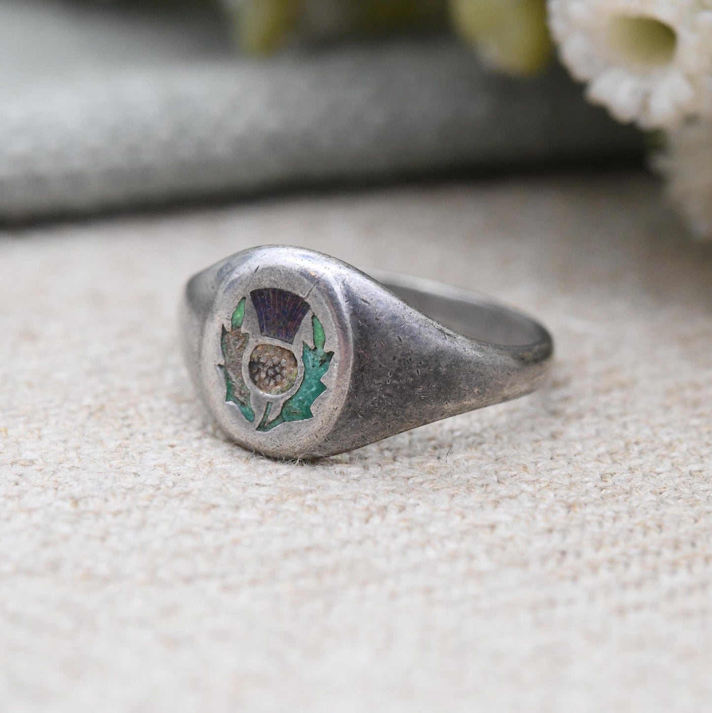 Antique Charles Horner Sterling Silver Enamel Thistle Signet Ring - Purple Scotland National Flower | Small UK Size - K | US Size - 5 1/4
