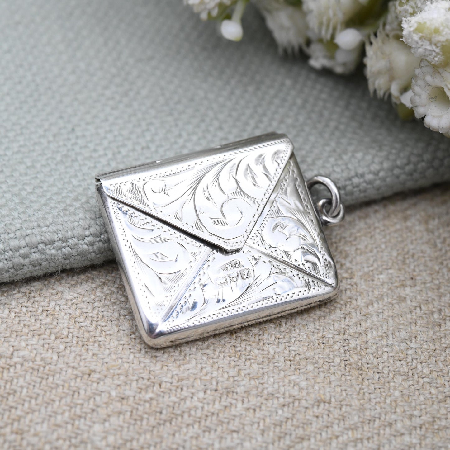 Antique Edwardian Sterling Silver Stamp Case Pendant 1911 by Albert Ernest Jenkins AEJ - Engraved Opening Envelope Shape | Chester Hallmarks