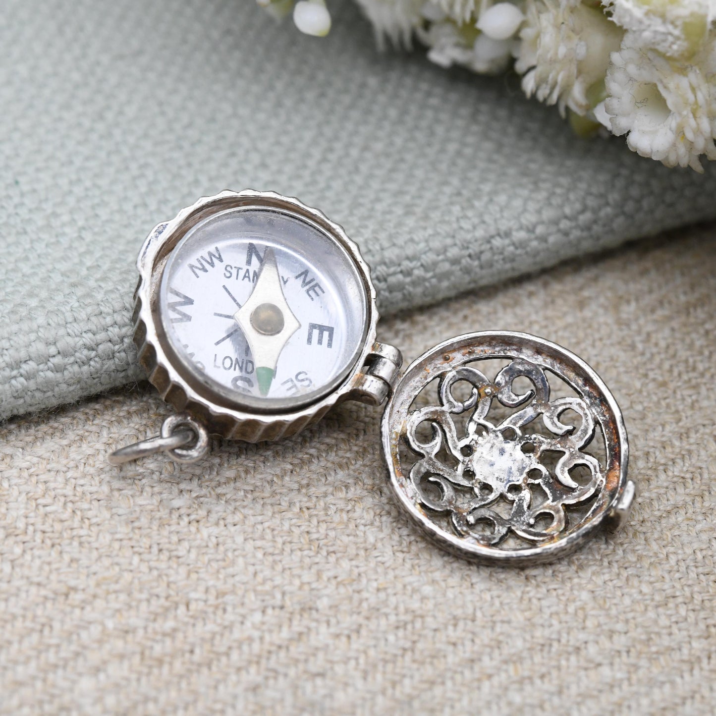 Vintage Sterling Silver Opening Compass Charm Pendant - Miniature Working Compass Jewellery | Unusual Necklace Charm | Gift for Traveller