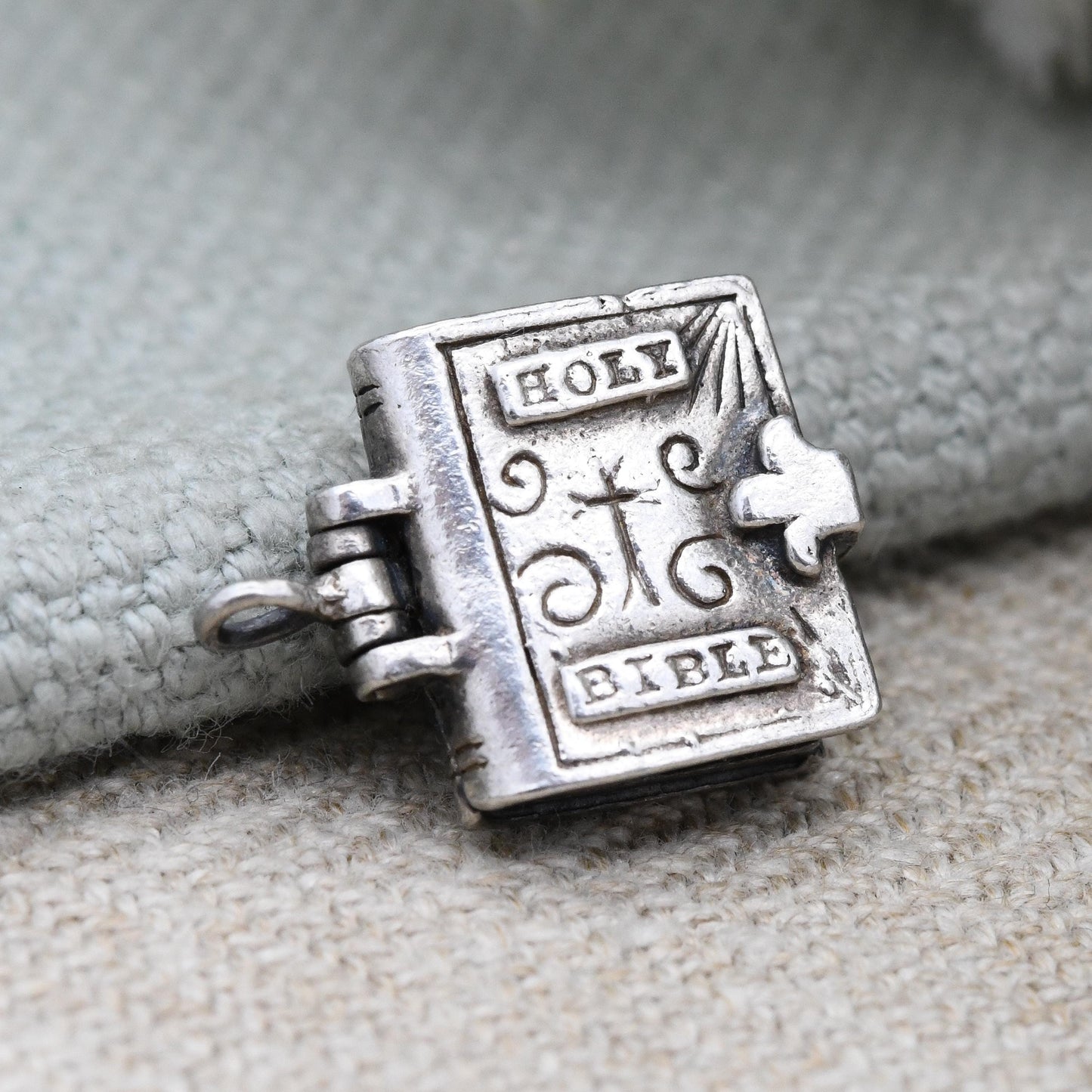 Vintage Opening Holy Bible Charm Pendant by Nuvo Sterling Silver Psalm 23 - The Lord is my Shepherd Verse | Religious Charm Bracelet Gift