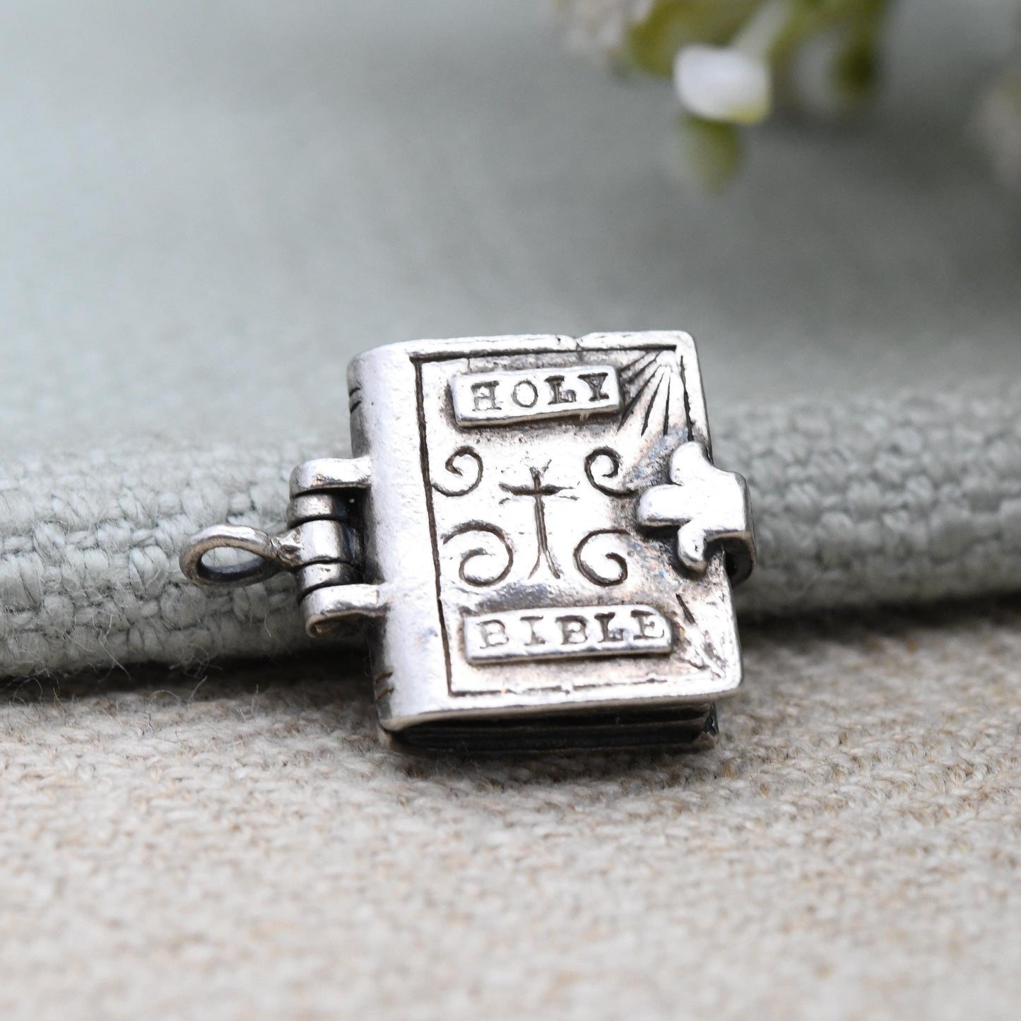 Vintage Opening Holy Bible Charm Pendant by Nuvo Sterling Silver Psalm 23 - The Lord is my Shepherd Verse | Religious Charm Bracelet Gift