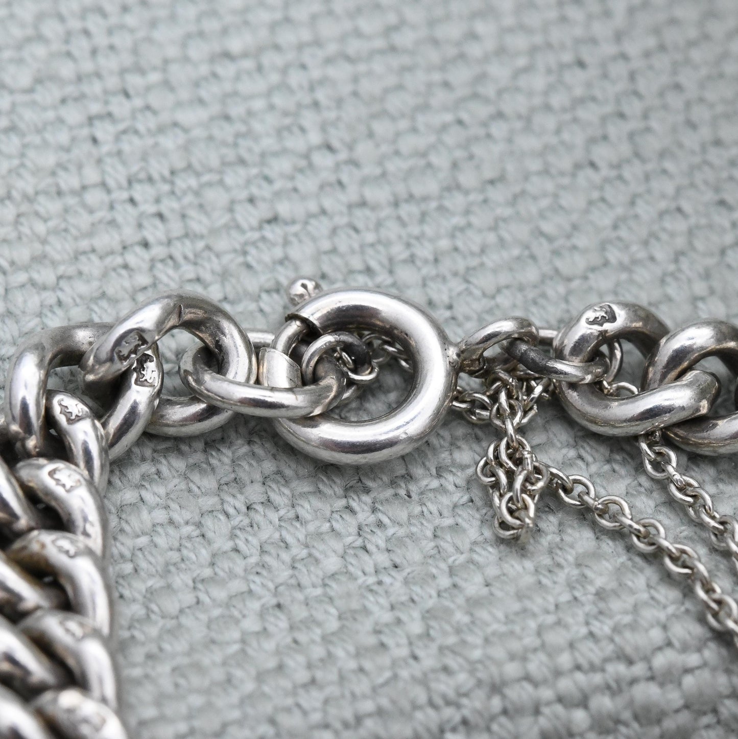 Antique Sterling Silver Curb Chain Bracelet c. 1910s - Graduated Rounded Curb Link | Every Link Stamped | Empty Charm Bracelet | Watch Chain