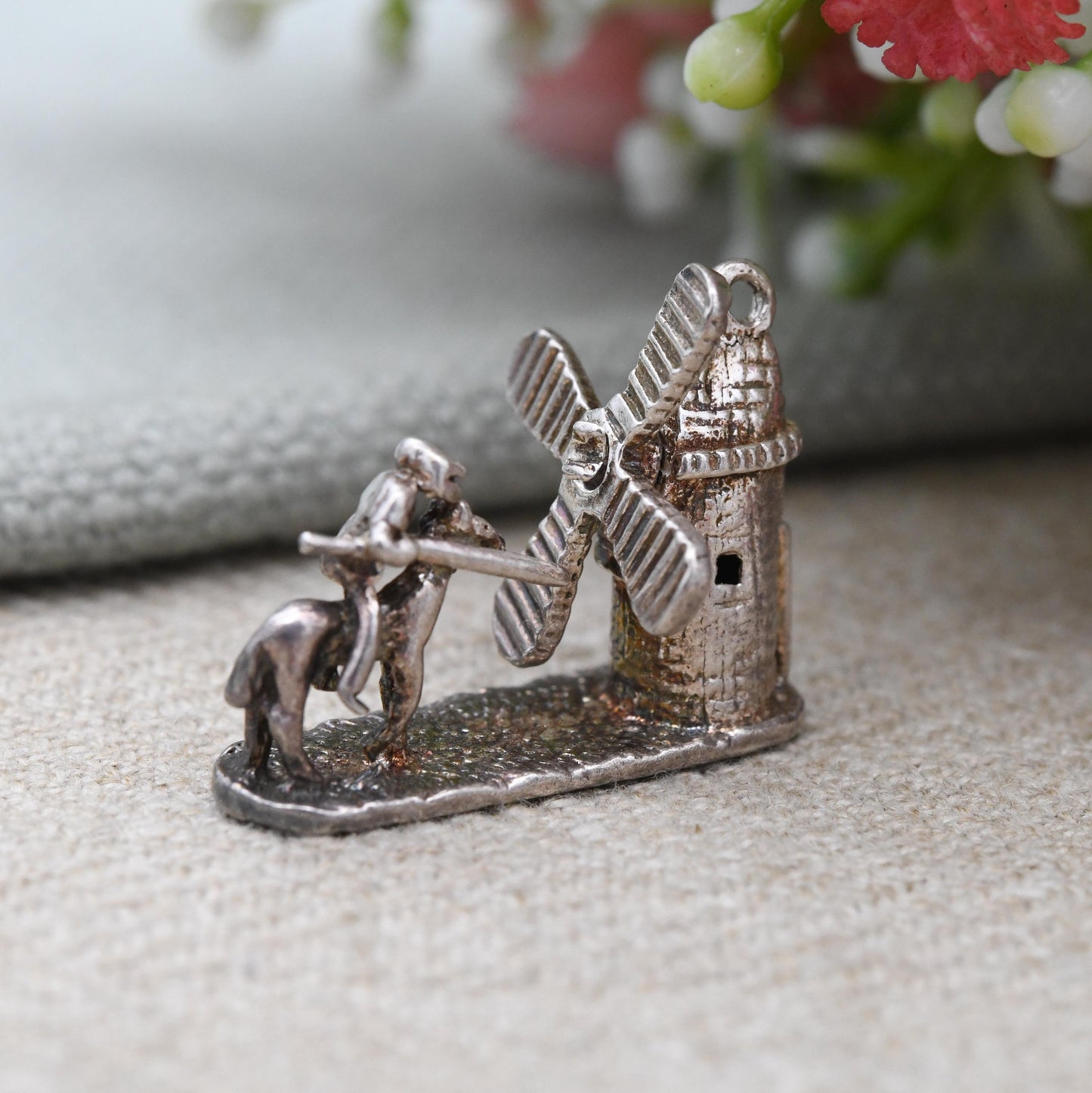 Vintage Sterling Silver Don Quixote Charm Pendant Knight Fighting Windmill - Miguel de Cervantes Theme | Jousting the Giants Jewellery