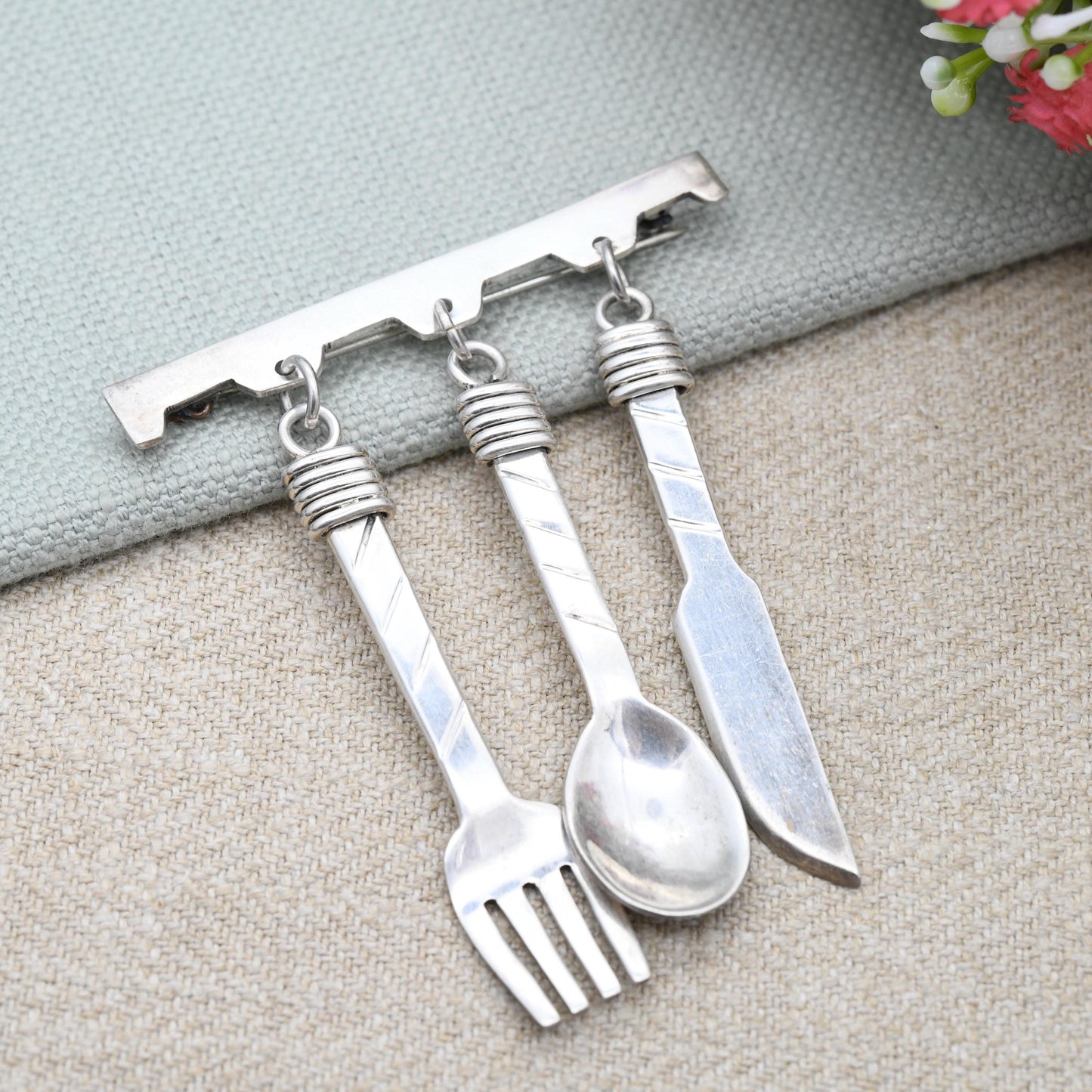 Vintage Sterling Silver Cutlery Brooch Large 1995 - Knife Fork Spoon Pendant Dangle Drop | Oversized Statement Mexico Taxco Silver Jewellery