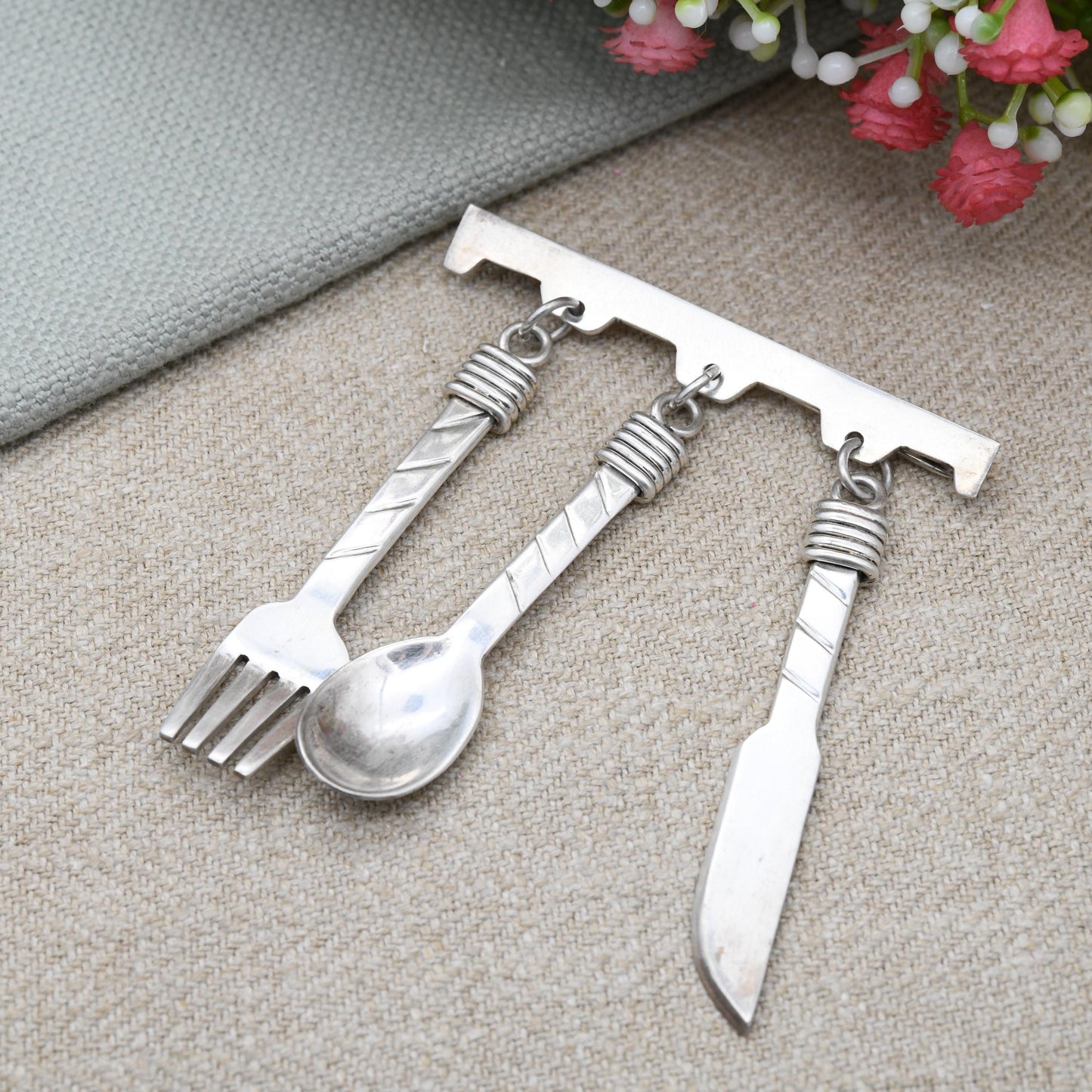 Vintage Sterling Silver Cutlery Brooch Large 1995 - Knife Fork Spoon Pendant Dangle Drop | Oversized Statement Mexico Taxco Silver Jewellery