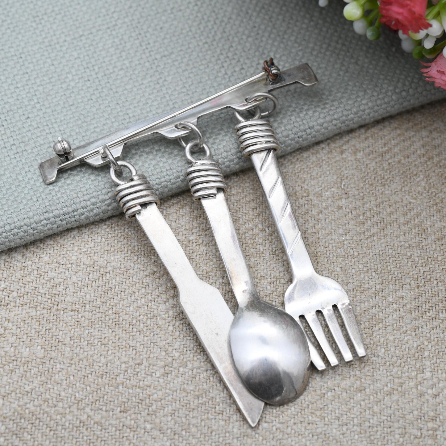 Vintage Sterling Silver Cutlery Brooch Large 1995 - Knife Fork Spoon Pendant Dangle Drop | Oversized Statement Mexico Taxco Silver Jewellery