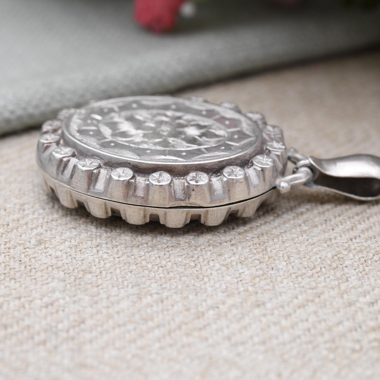 Antique Victorian Sterling Silver Locket 1884 with Flower and Star Design - Hand Engraved Aesthetic Movement Oval Pendant Hallmarked Silver