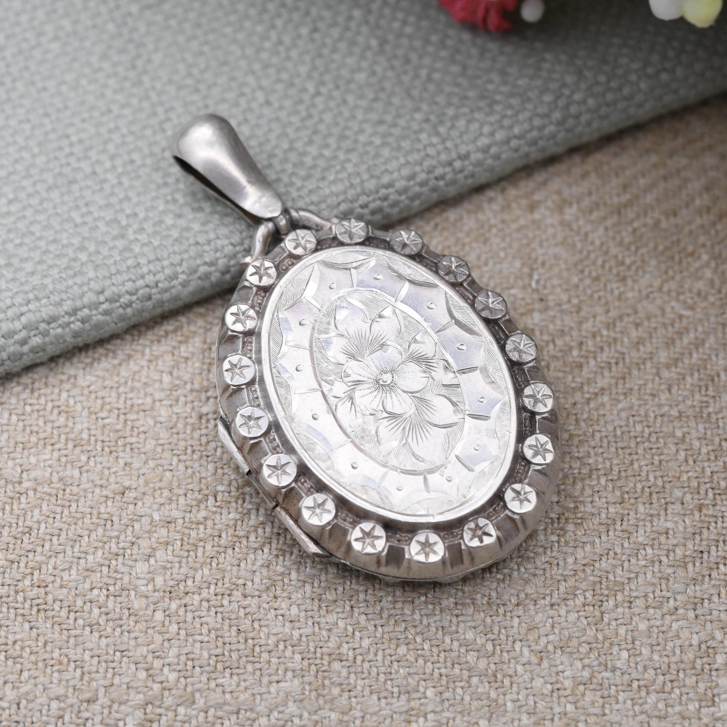 Antique Victorian Sterling Silver Locket 1884 with Flower and Star Design - Hand Engraved Aesthetic Movement Oval Pendant Hallmarked Silver