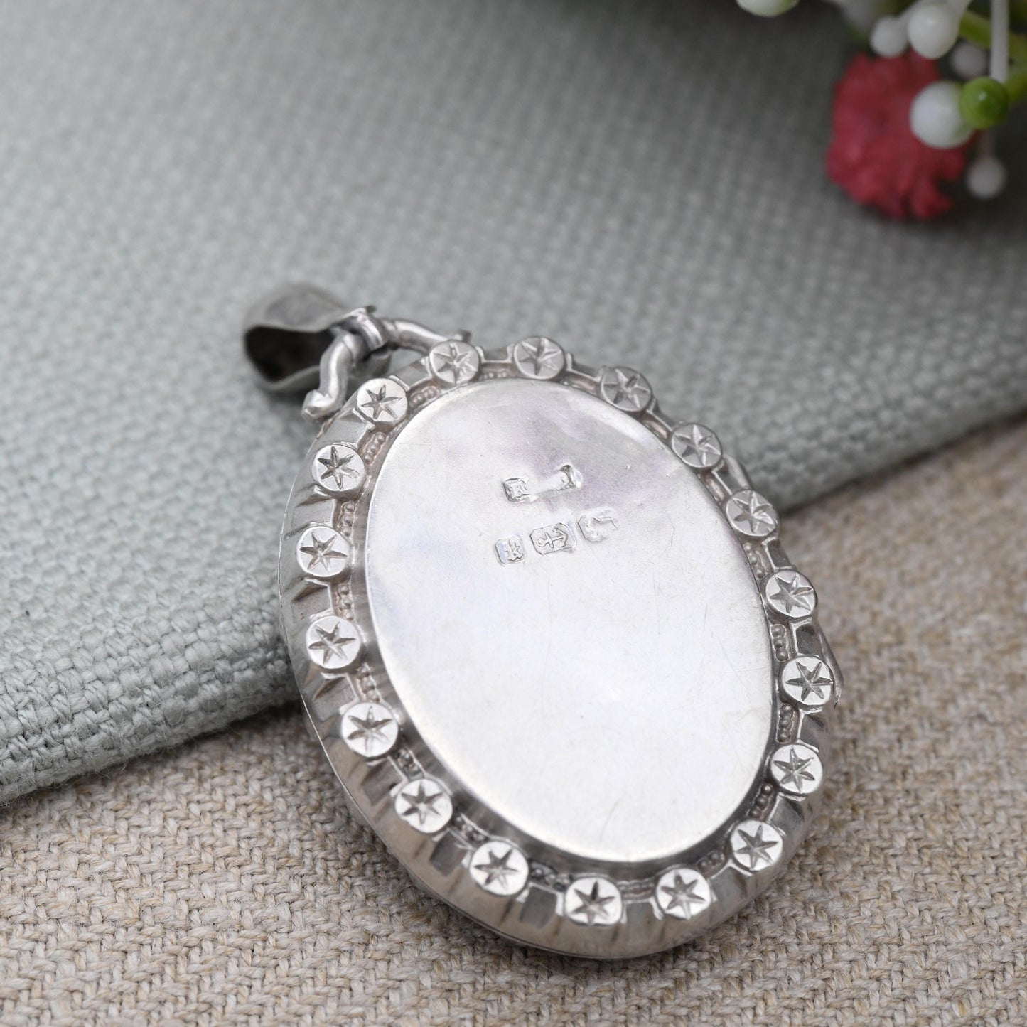 Antique Victorian Sterling Silver Locket 1884 with Flower and Star Design - Hand Engraved Aesthetic Movement Oval Pendant Hallmarked Silver