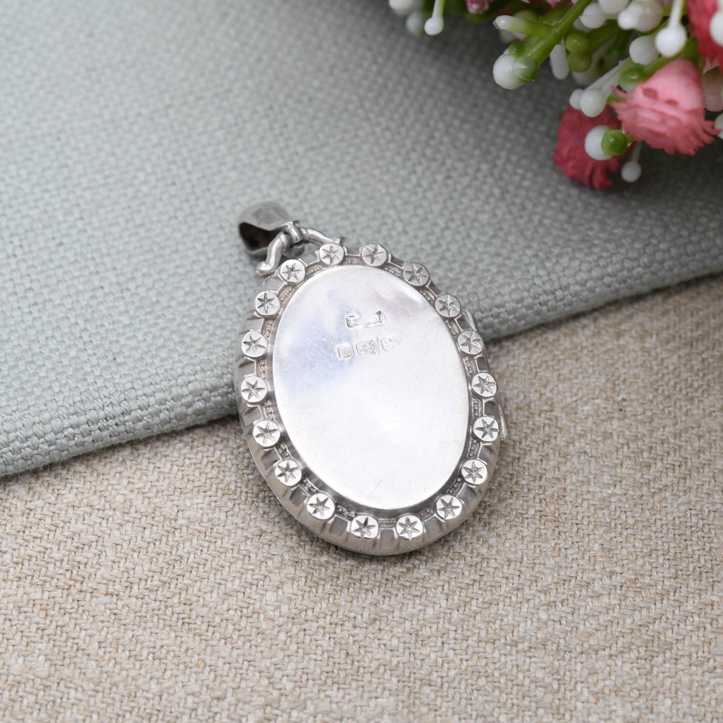 Antique Victorian Sterling Silver Locket 1884 with Flower and Star Design - Hand Engraved Aesthetic Movement Oval Pendant Hallmarked Silver