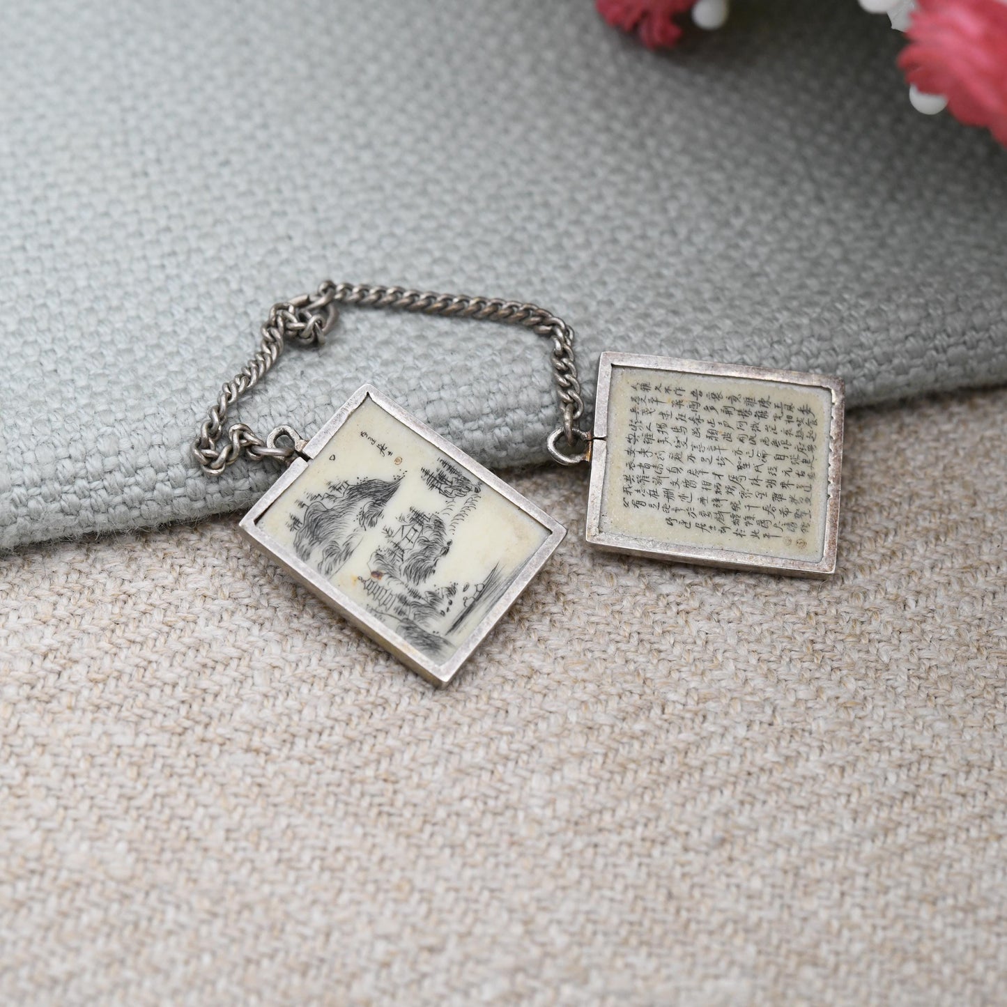 Antique Chinese Scrimshaw Bone Pendant with Buddhist Text and Scene Engraved - Miniature Scapular Devotional Religious Chinese Export c 1900
