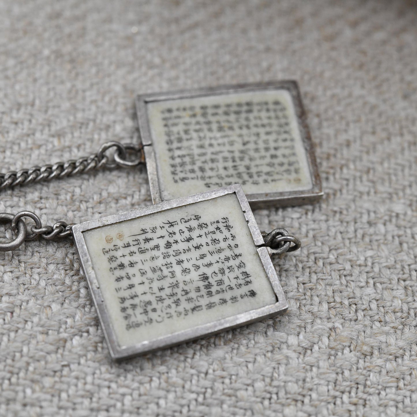 Antique Chinese Scrimshaw Bone Pendant with Buddhist Text and Scene Engraved - Miniature Scapular Devotional Religious Chinese Export c 1900