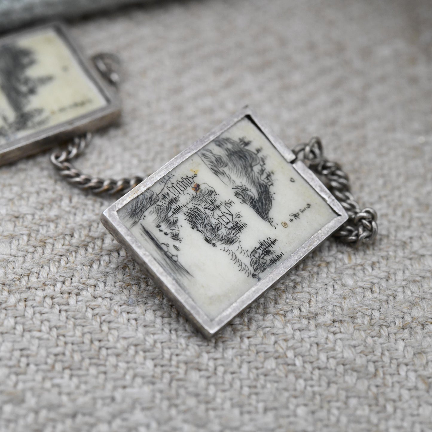 Antique Chinese Scrimshaw Bone Pendant with Buddhist Text and Scene Engraved - Miniature Scapular Devotional Religious Chinese Export c 1900