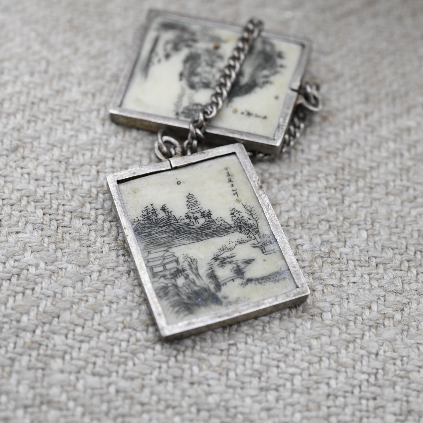 Antique Chinese Scrimshaw Bone Pendant with Buddhist Text and Scene Engraved - Miniature Scapular Devotional Religious Chinese Export c 1900