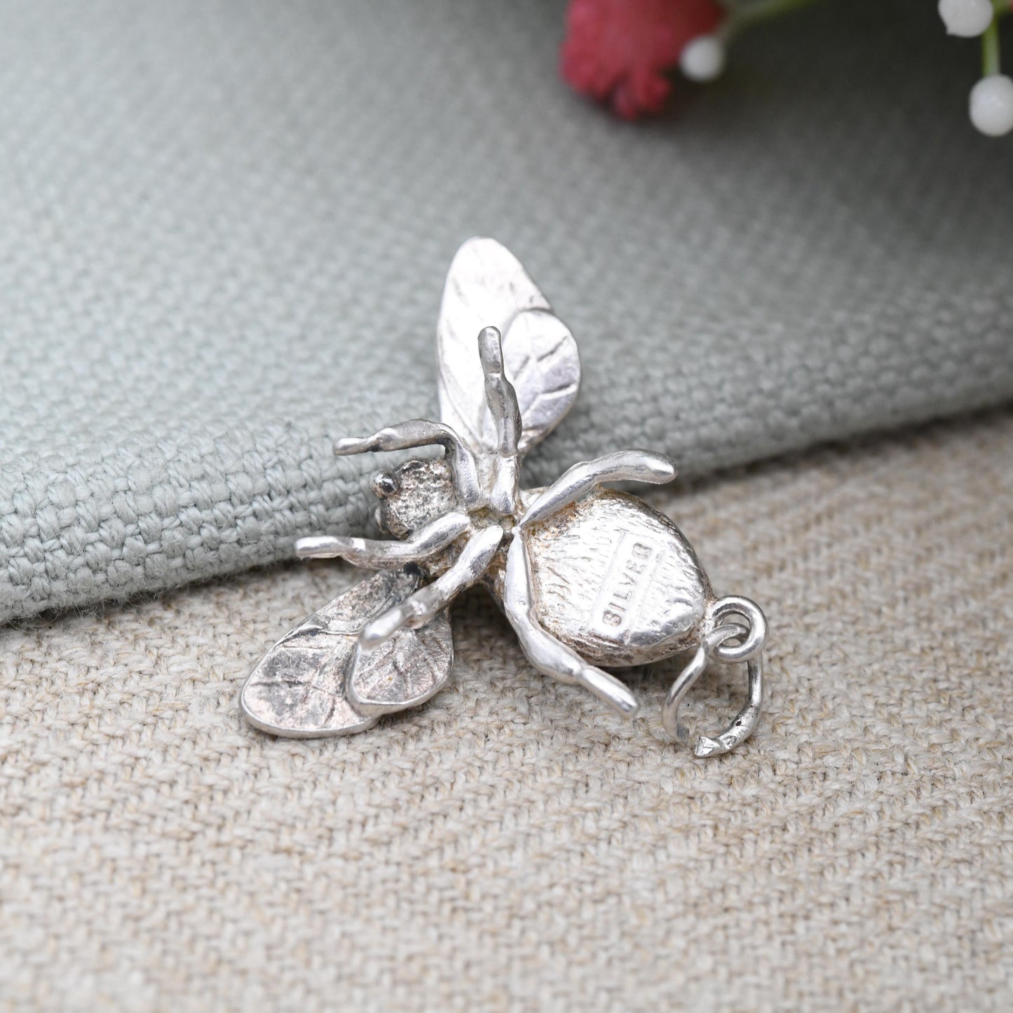 Vintage Sterling Silver Bee Pendant with Onyx Body - Silver and Black Gemstone Insect Jewellery | Pendant Charm Necklace Stack | Wing Detail
