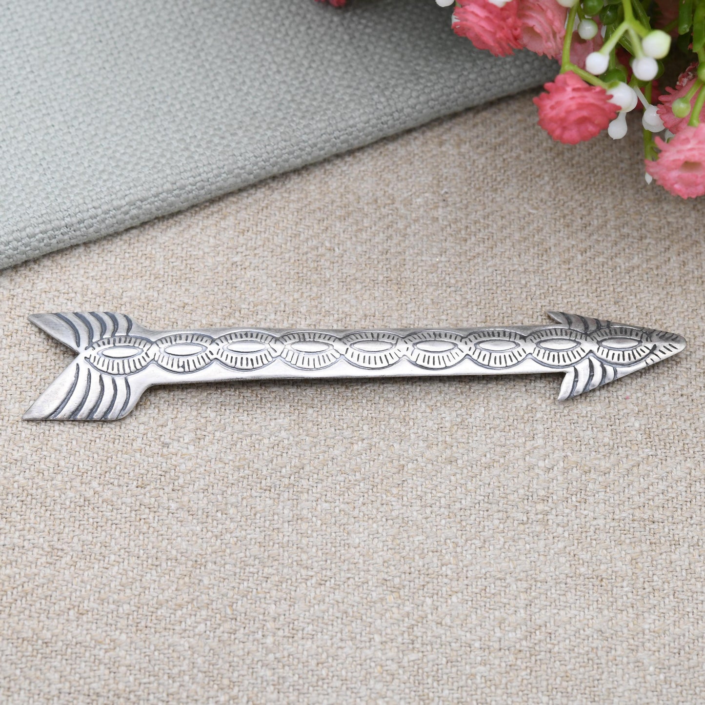 Vintage Sterling Silver Southwestern Arrow Brooch with Engraved Design - Large Navajo Symbol of Direction Protection | American Jewellery