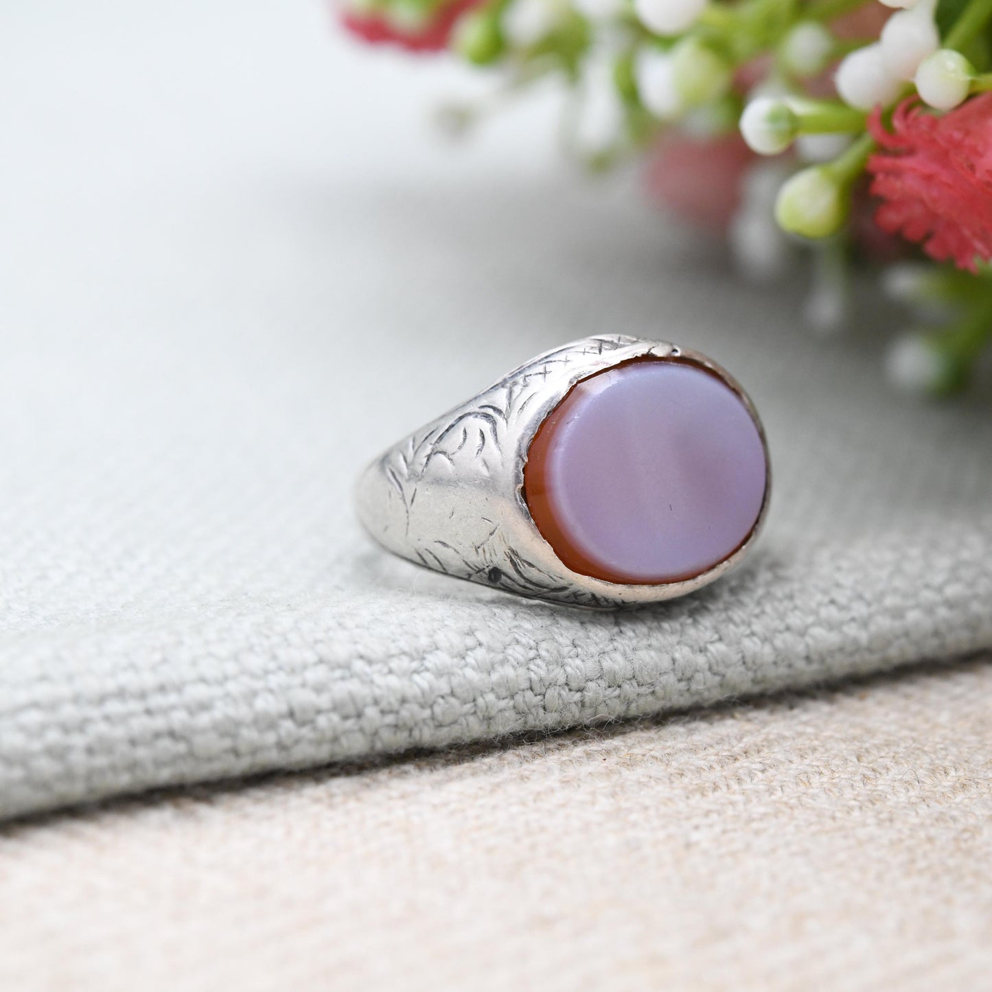 Antique Silver Sardonyx Signet Ring - Hand Engraved Design Unisex Chunky Silver Jewellery Small Pinkie | UK Size - K 1/2 | US Size - 5 1/2