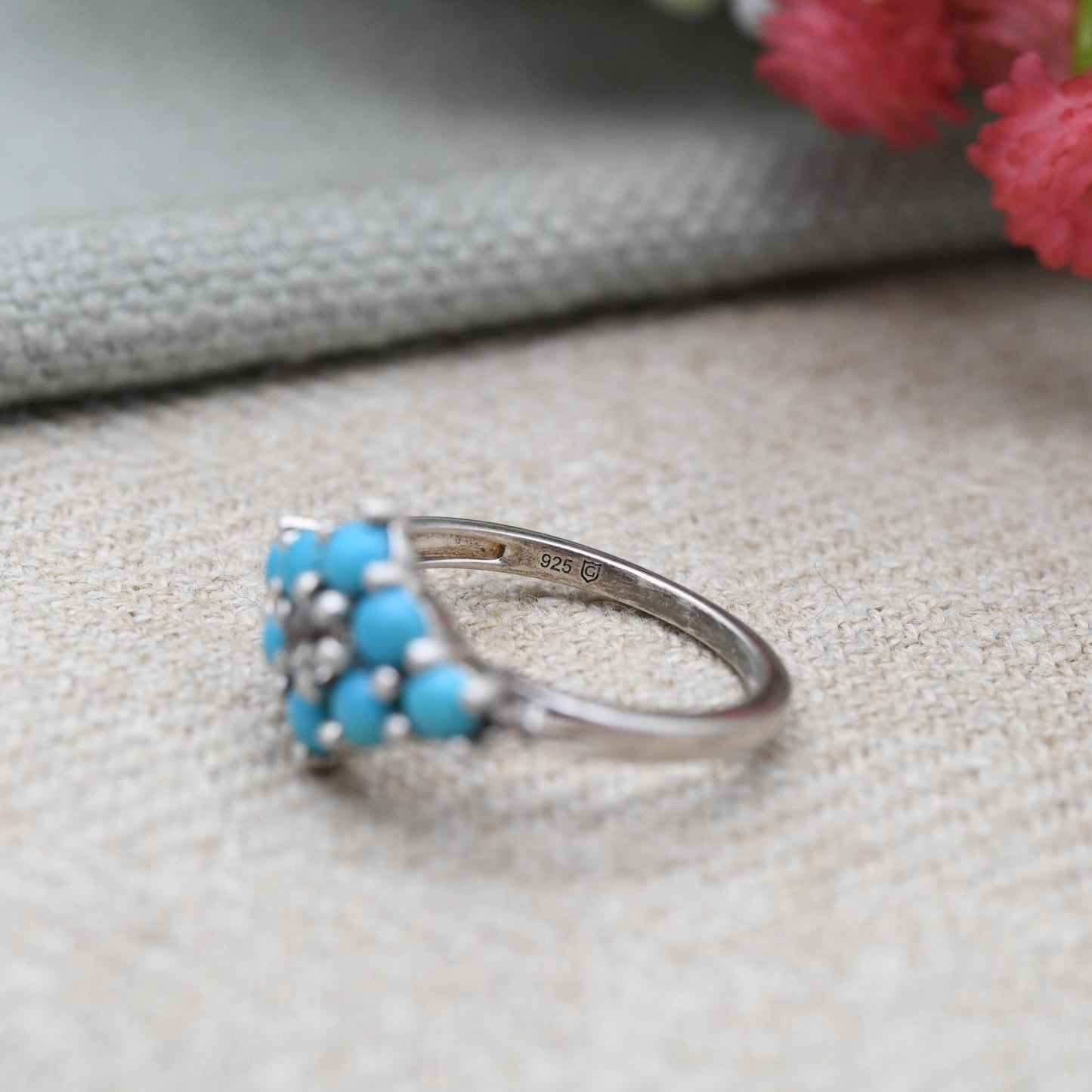 Sterling Silver Turquoise Daisy Cluster Ring - Contemporary Gemporia Design | Blue and Clear Gemstone | UK Size - J 1/2 | US Size - 5
