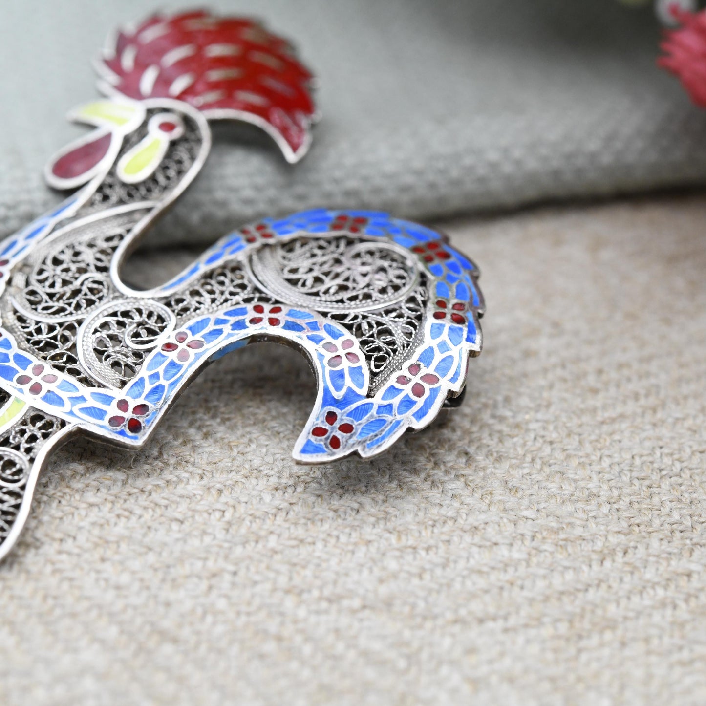 Vintage Silver Enamel Rooster of Barcelos Brooch Portuguese Chicken - Large Colourful Painted Cockerel Wirework Jewellery | c. 1950s Europe
