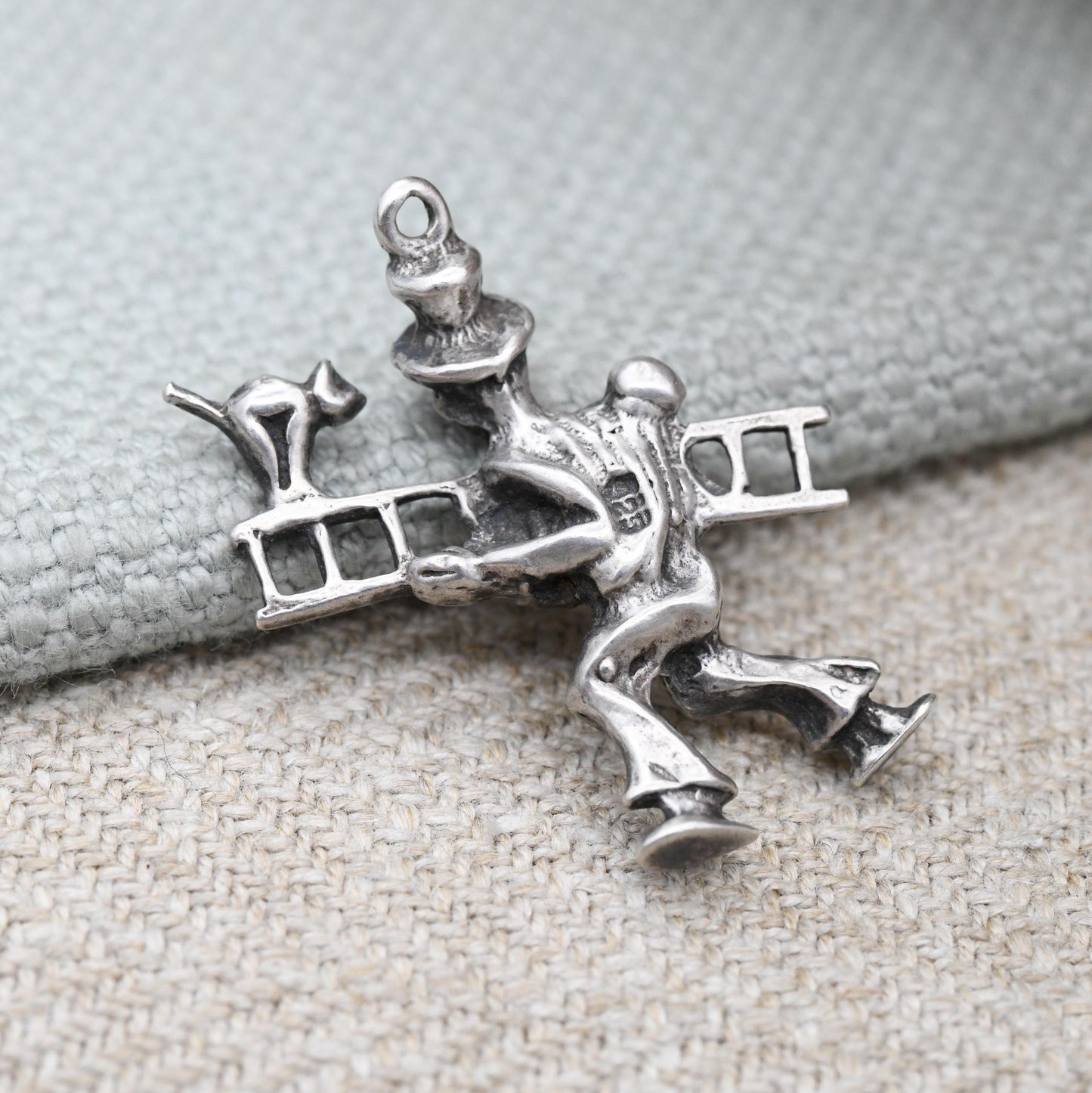 Vintage Sterling Silver Man Carrying Ladder Charm Pendant Lucky Chimney Sweep - Cat on a Ladder Silver Charm | Cartoon Style Window Cleaner