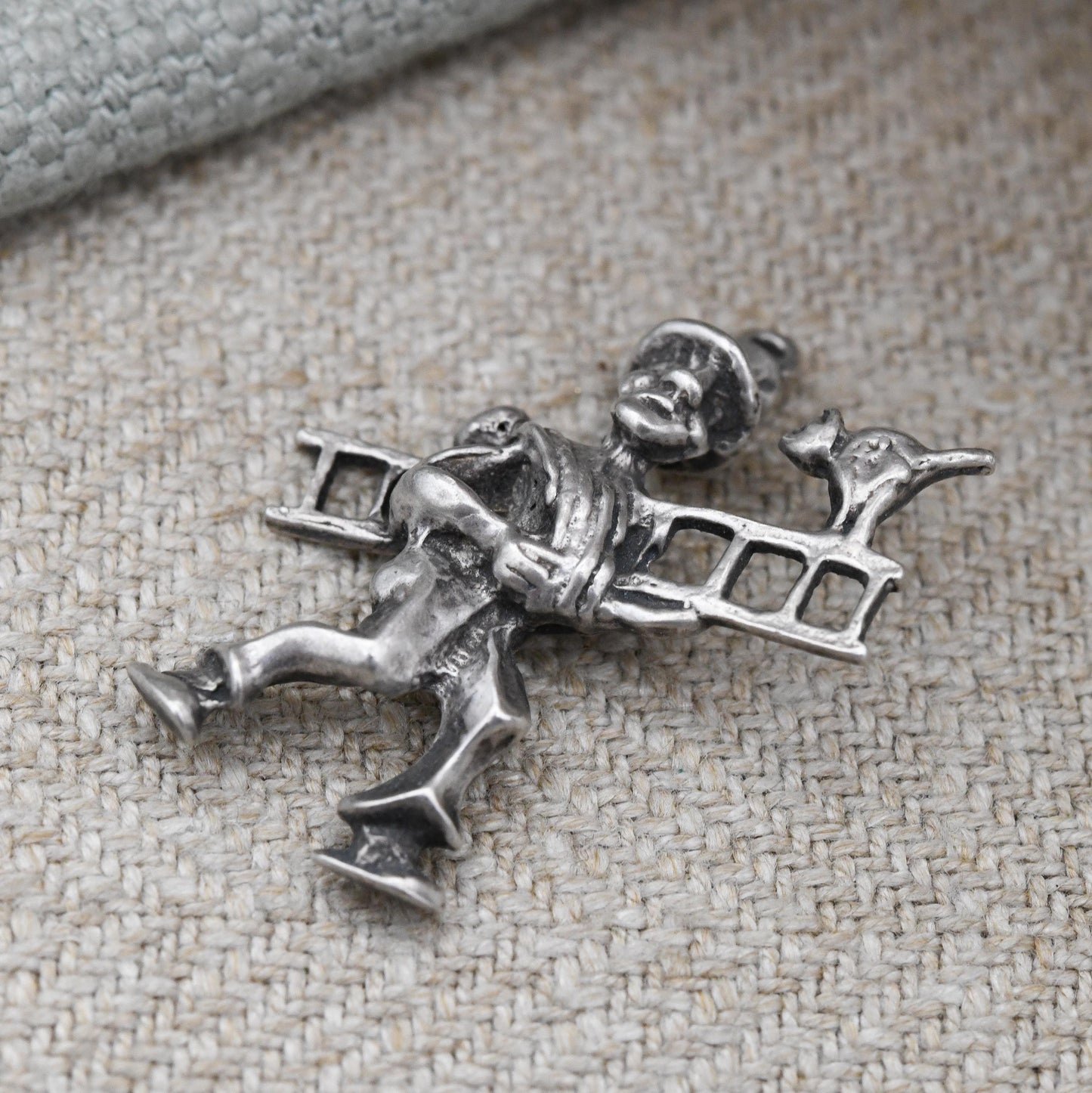 Vintage Sterling Silver Man Carrying Ladder Charm Pendant Lucky Chimney Sweep - Cat on a Ladder Silver Charm | Cartoon Style Window Cleaner