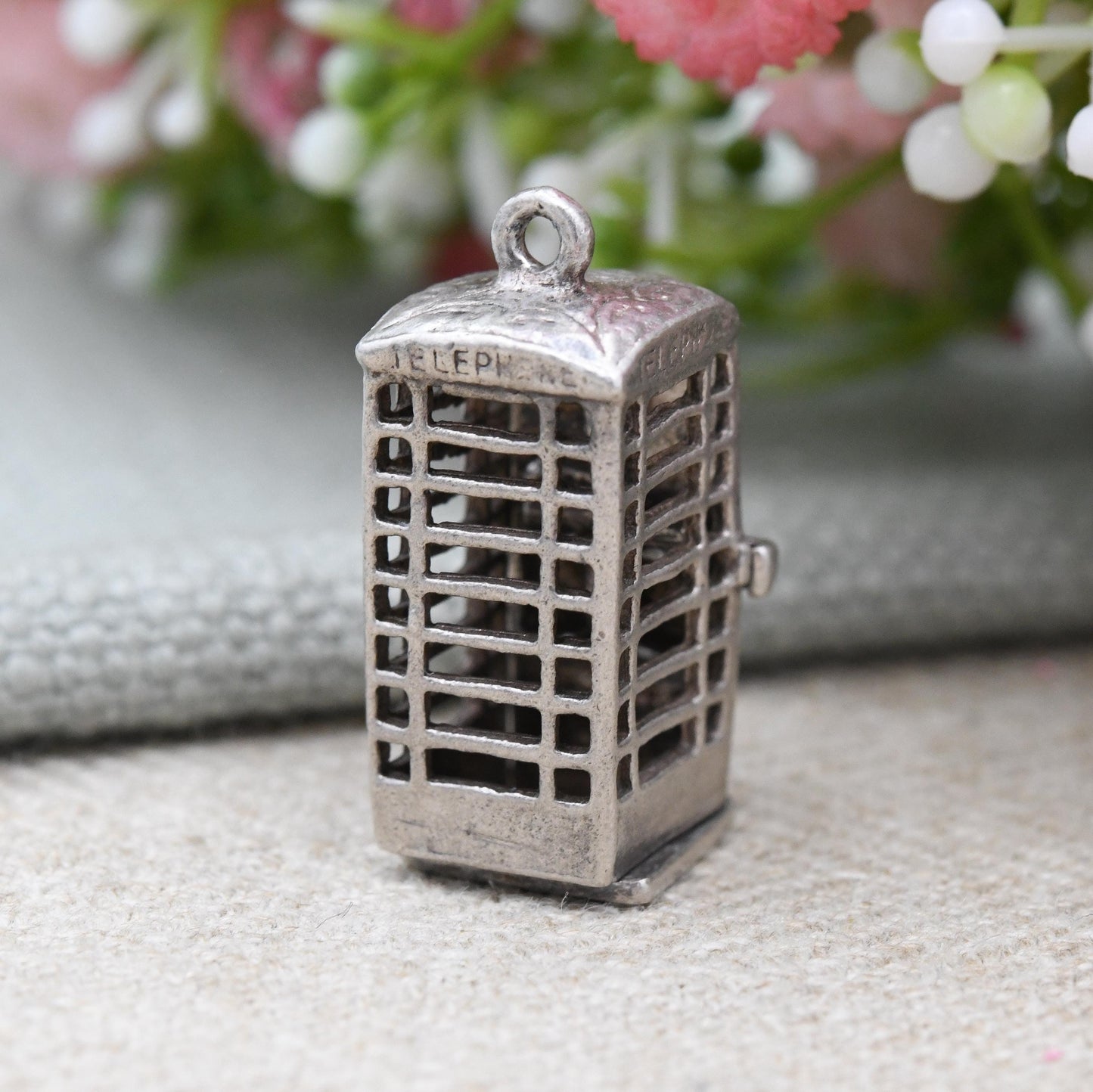 Vintage Sterling Silver Telephone Booth Charm Pendant c. 1970s - Detailed Opening Door Articulated Charm | Old British Public Pay Phone Box