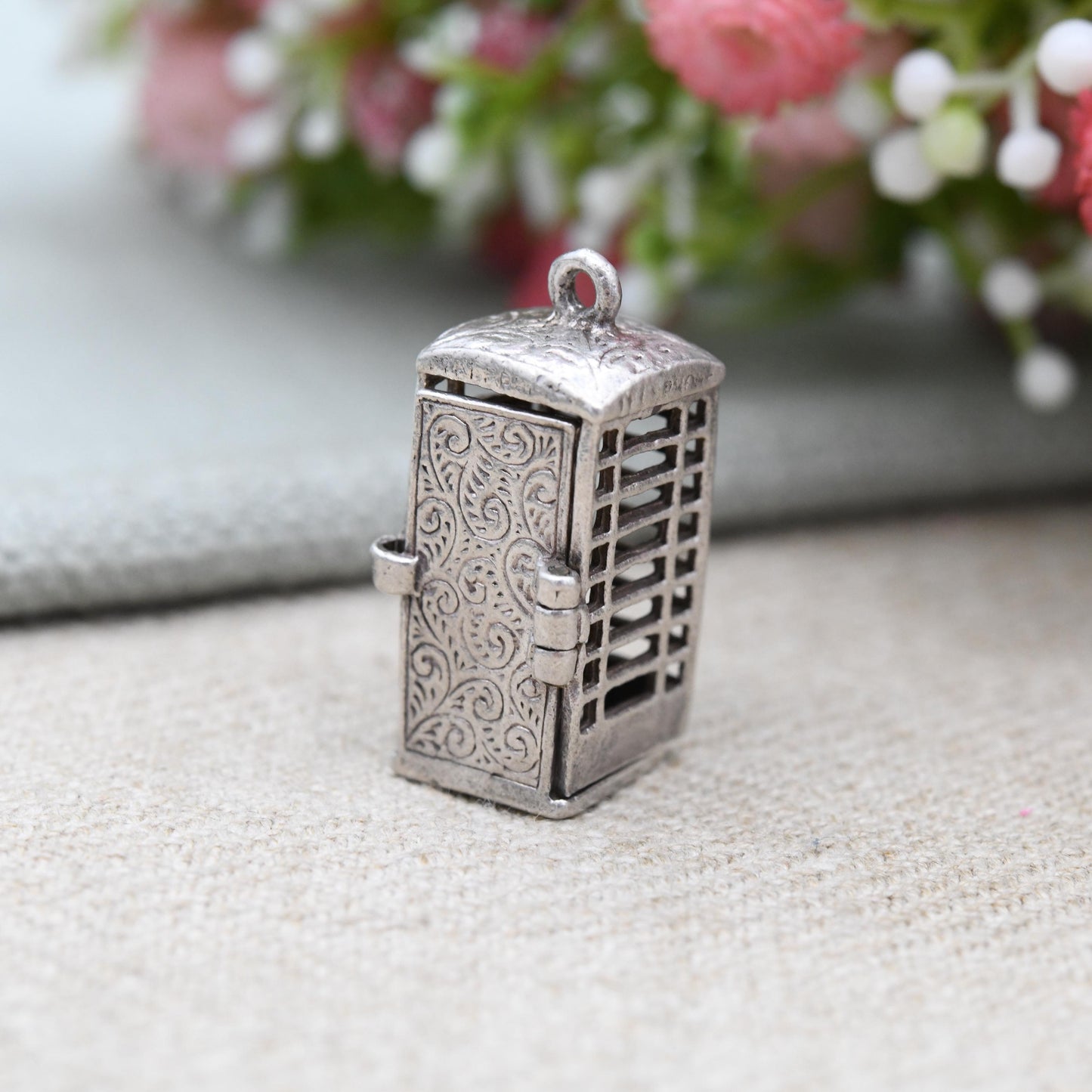 Vintage Sterling Silver Telephone Booth Charm Pendant c. 1970s - Detailed Opening Door Articulated Charm | Old British Public Pay Phone Box