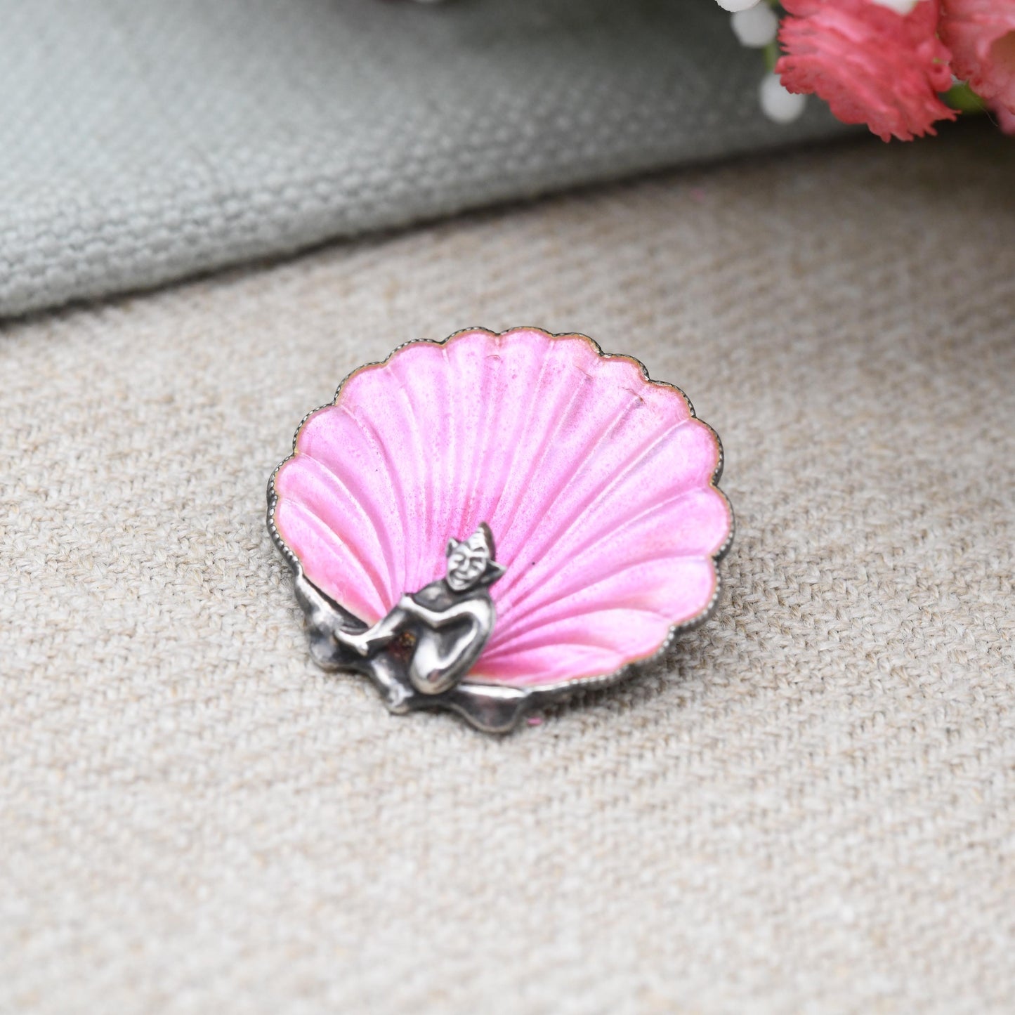 Antique Sterling Silver Pink Shell Cornish Pixie Brooch - c. 1920s 1930s Art Deco Period | Bright Colourful Enamel | Made in England