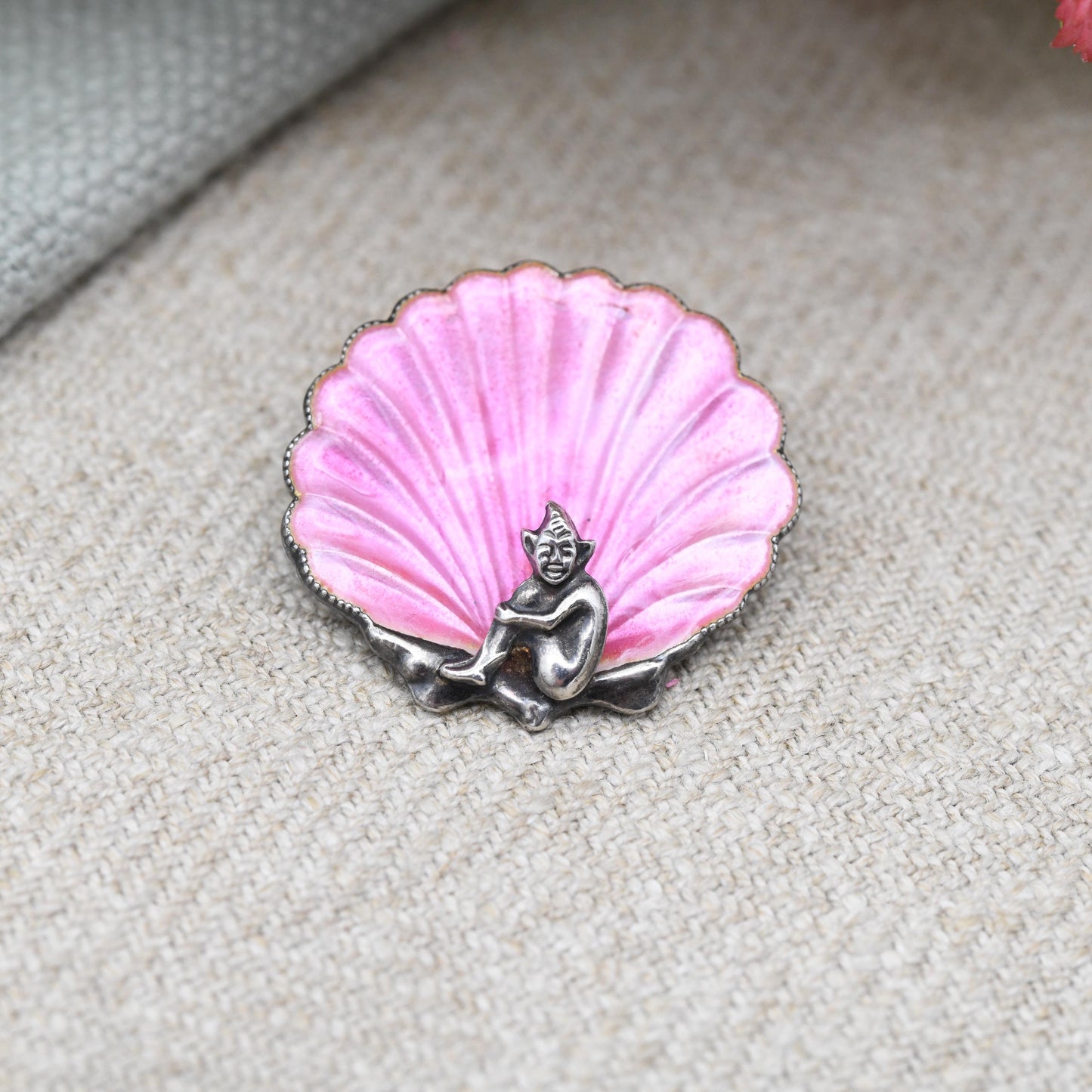 Antique Sterling Silver Pink Shell Cornish Pixie Brooch - c. 1920s 1930s Art Deco Period | Bright Colourful Enamel | Made in England