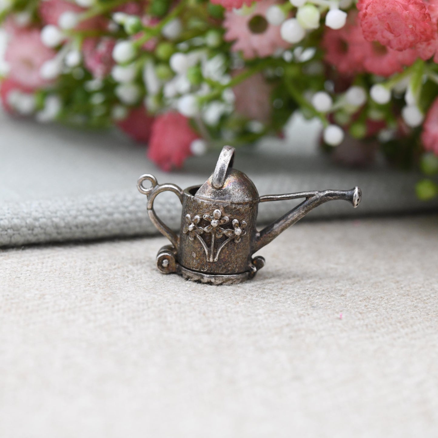 Vintage Sterling Silver Opening Watering Can Charm Pendant with Flower Inside - Pretty Florals | Opens to Reveal Flowers | Gift for Gardener
