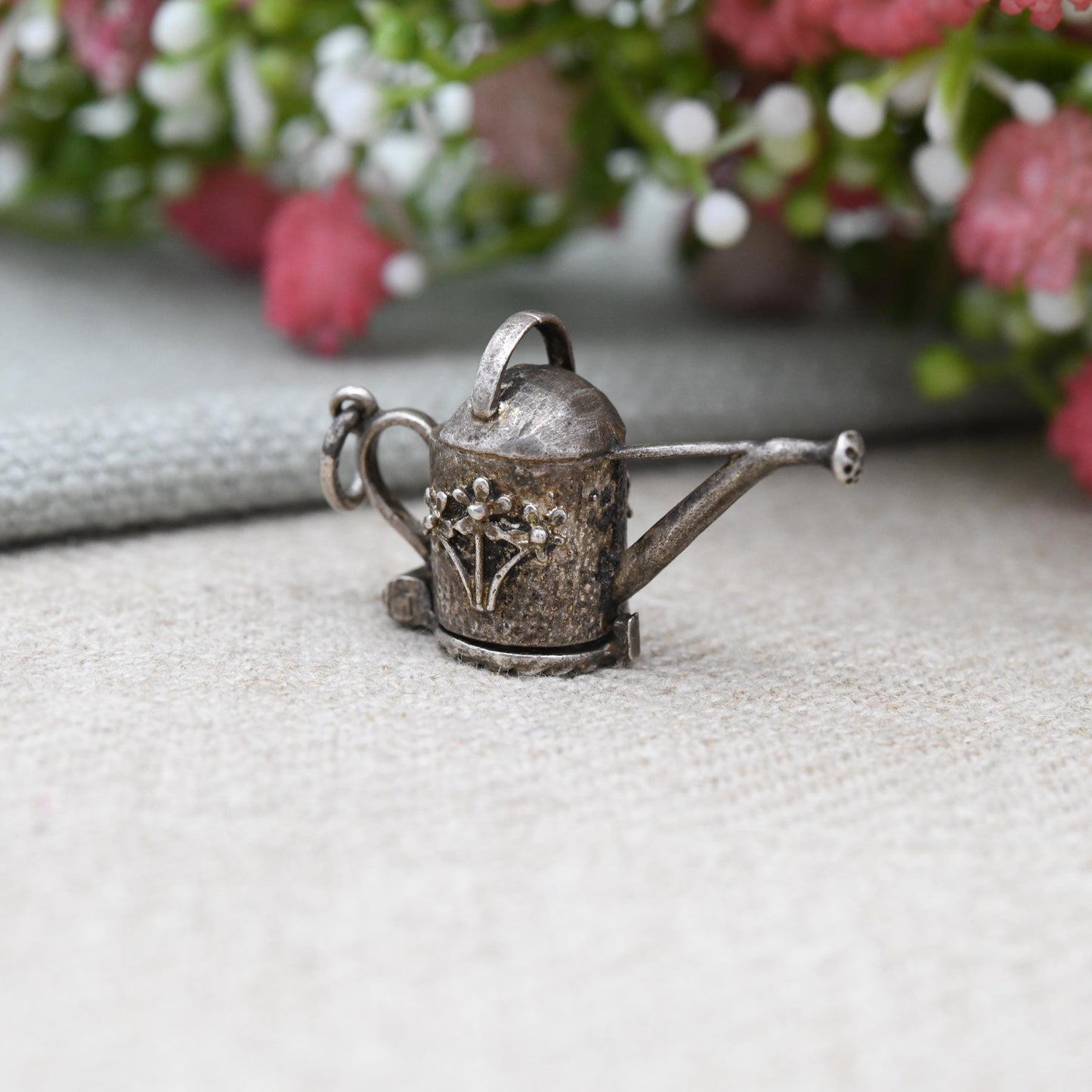Vintage Sterling Silver Opening Watering Can Charm Pendant with Flower Inside - Pretty Florals | Opens to Reveal Flowers | Gift for Gardener