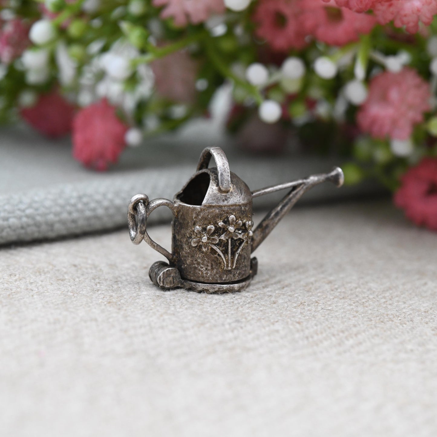 Vintage Sterling Silver Opening Watering Can Charm Pendant with Flower Inside - Pretty Florals | Opens to Reveal Flowers | Gift for Gardener
