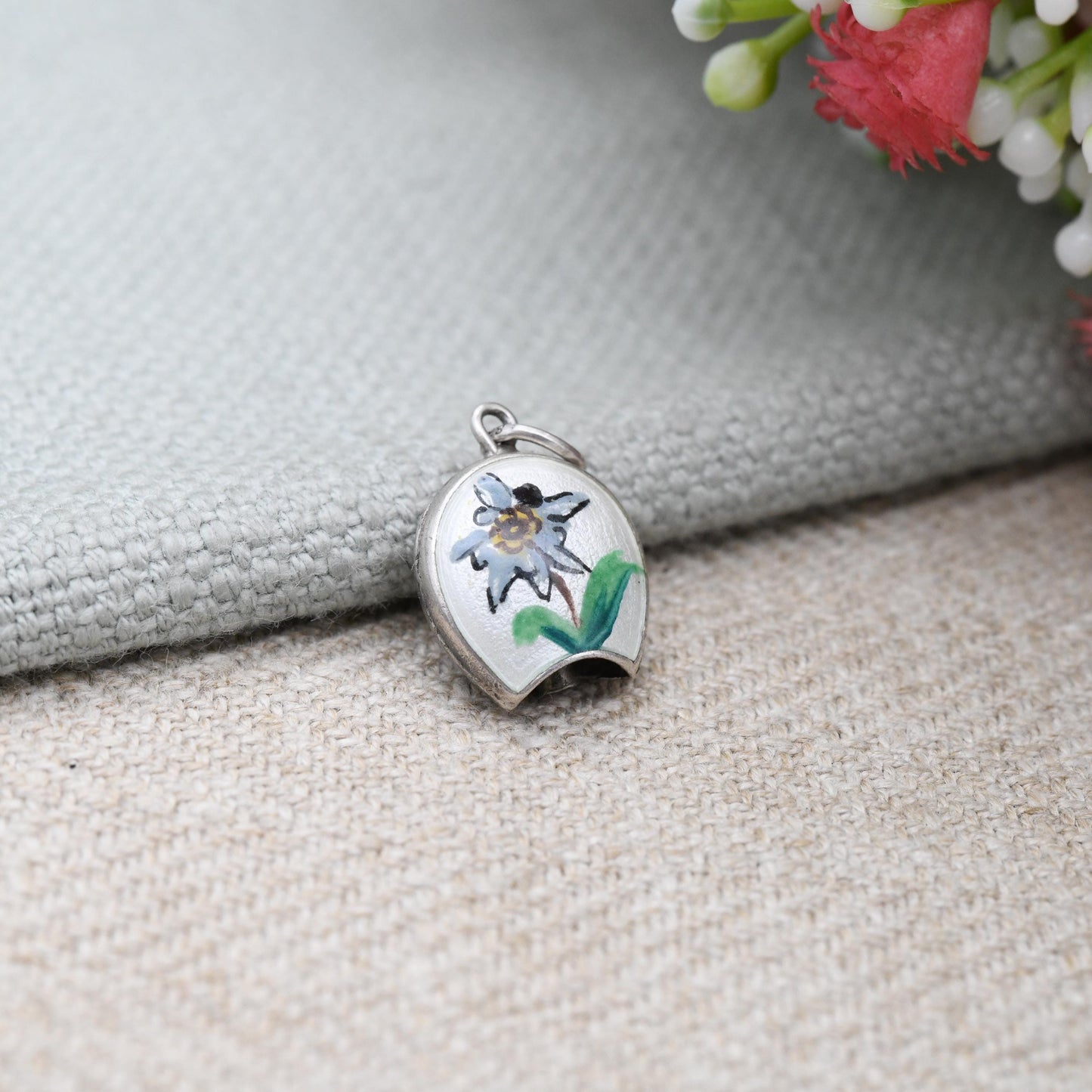 Vintage European Silver Cow Bell Charm Pendant with Enamel Flower - White Blue and Green Floral Bell Charm Bracelet | with Moving Tongue