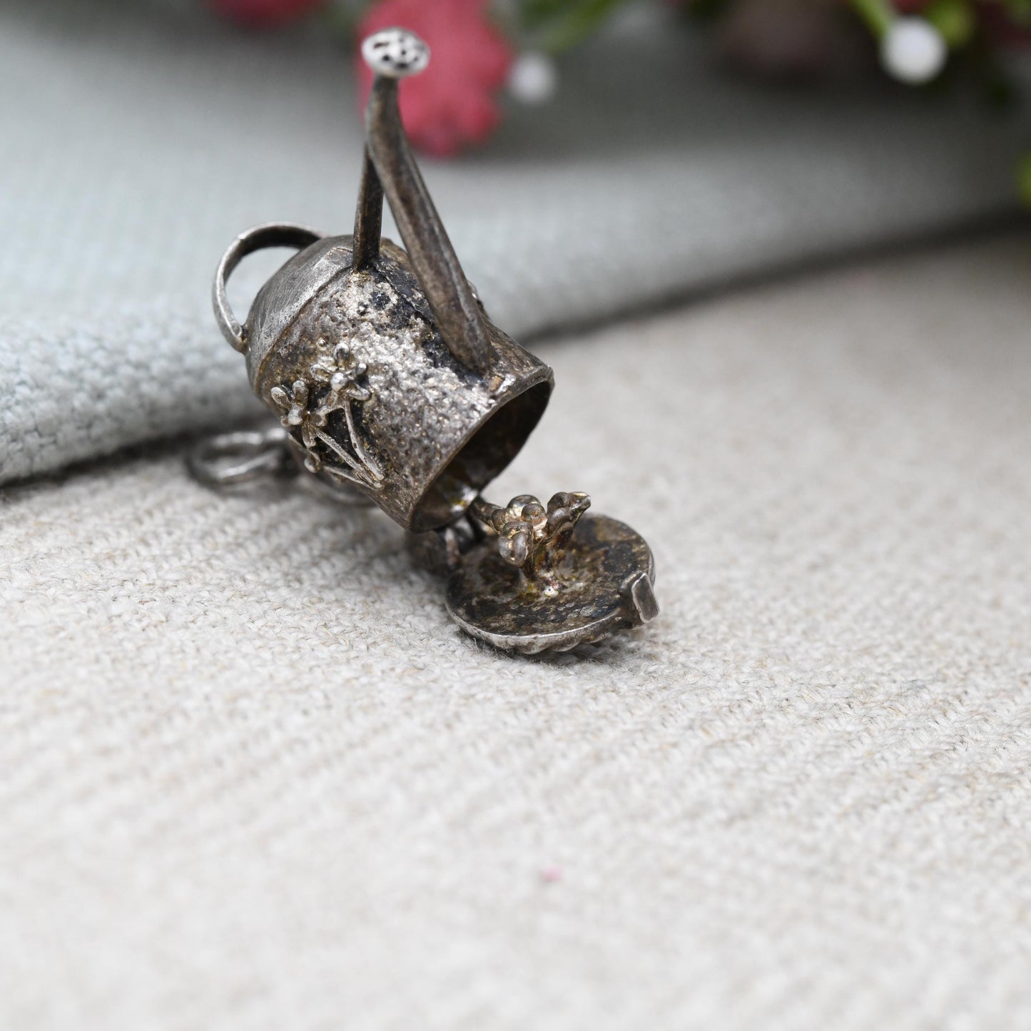 Vintage Sterling Silver Opening Watering Can Charm Pendant with Flower Inside - Pretty Florals | Opens to Reveal Flowers | Gift for Gardener