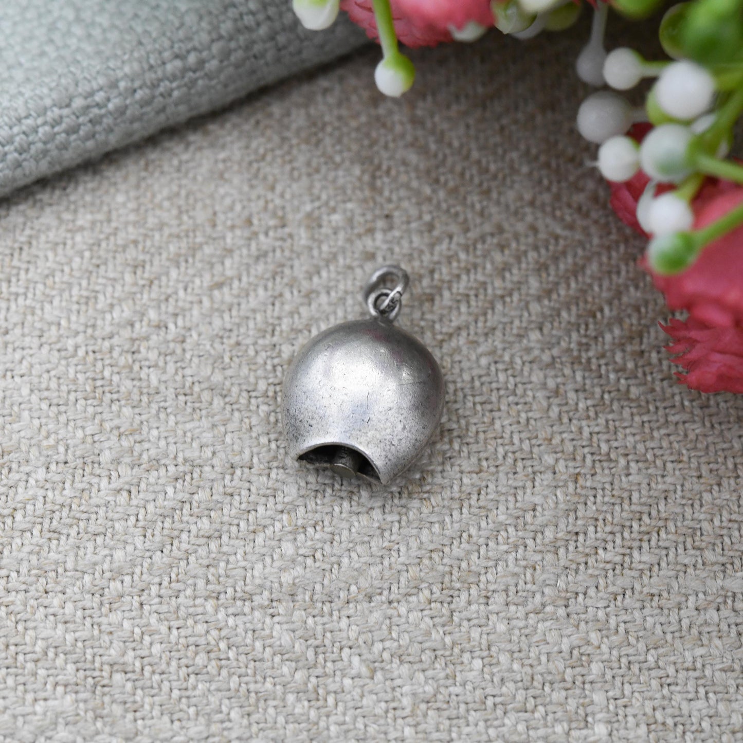 Vintage European Silver Cow Bell Charm Pendant with Enamel Flower - White Blue and Green Floral Bell Charm Bracelet | with Moving Tongue