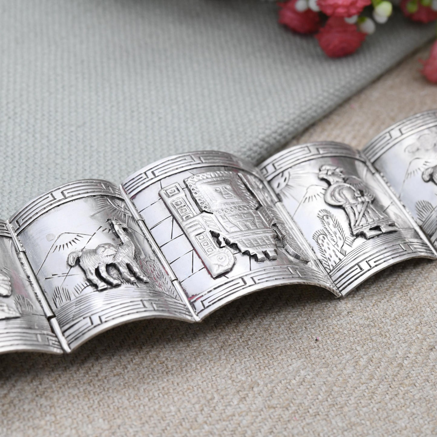 Vintage Peruvian Sterling Silver Bracelet Engraved Relief Panels - Souvenir Scenes Llama Alpaca Working People Detailed | Slide Box Clasp