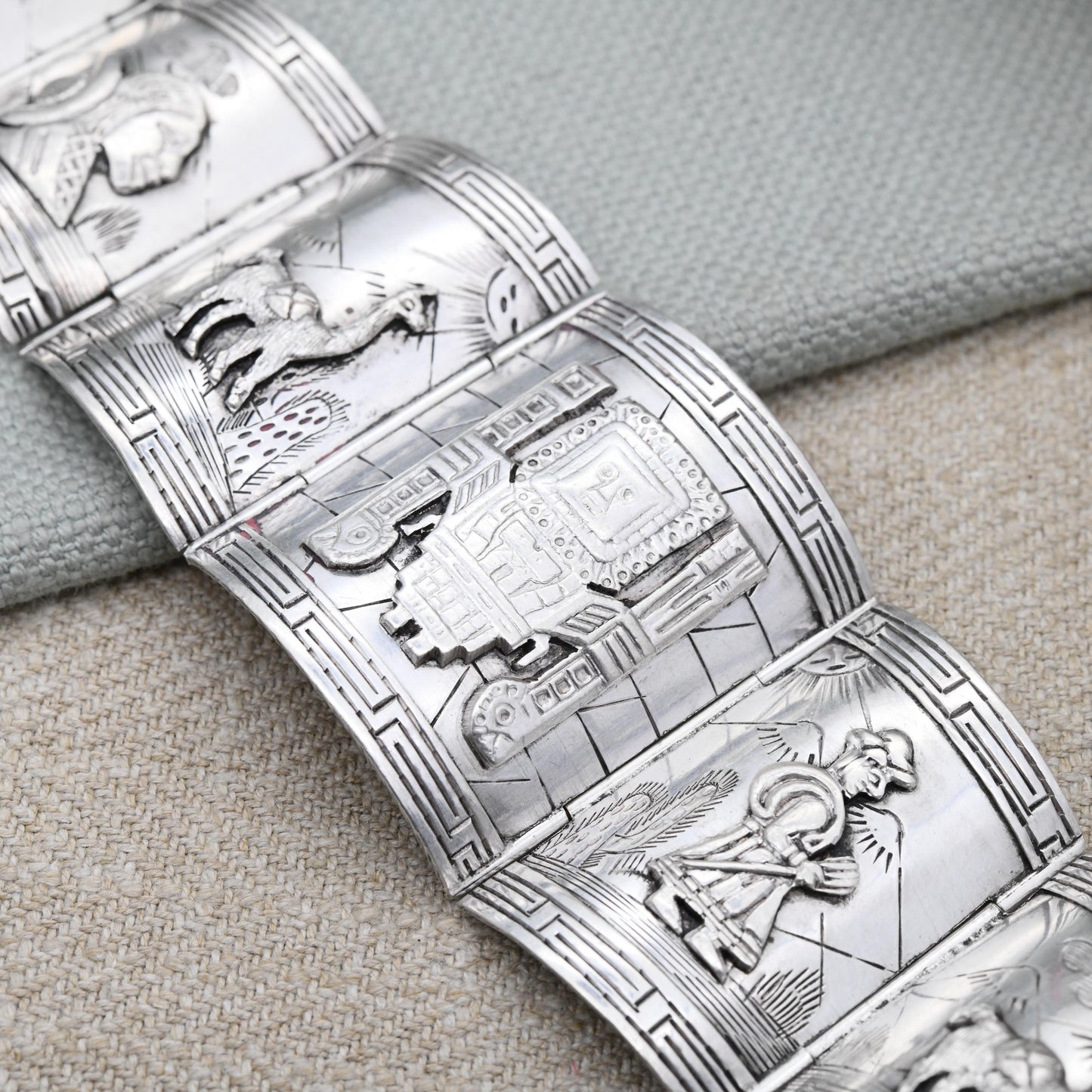 Vintage Peruvian Sterling Silver Bracelet Engraved Relief Panels - Souvenir Scenes Llama Alpaca Working People Detailed | Slide Box Clasp
