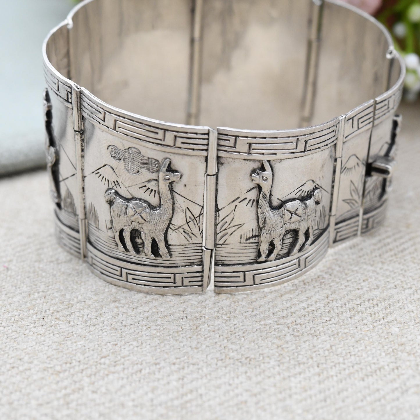 Vintage Peruvian Sterling Silver Bracelet Engraved Relief Panels - Souvenir Scenes Llama Alpaca Working People Detailed | Slide Box Clasp