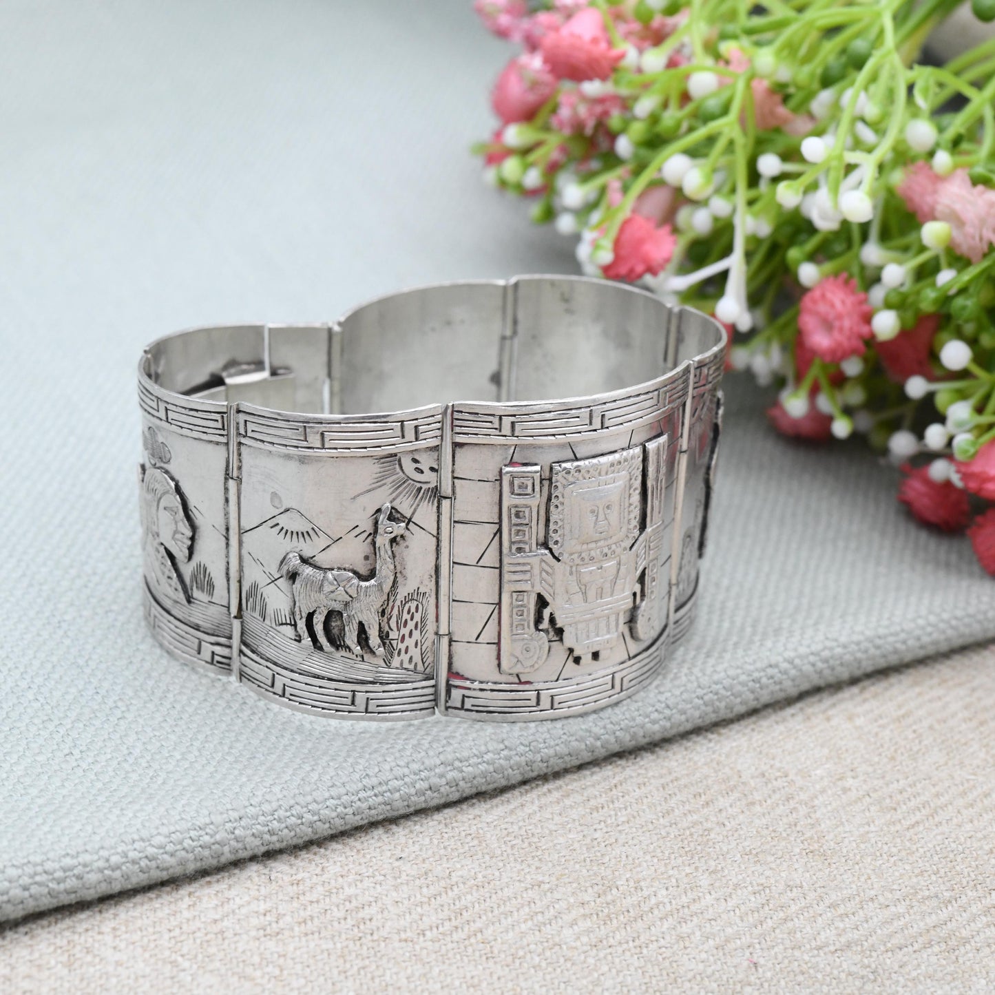 Vintage Peruvian Sterling Silver Bracelet Engraved Relief Panels - Souvenir Scenes Llama Alpaca Working People Detailed | Slide Box Clasp
