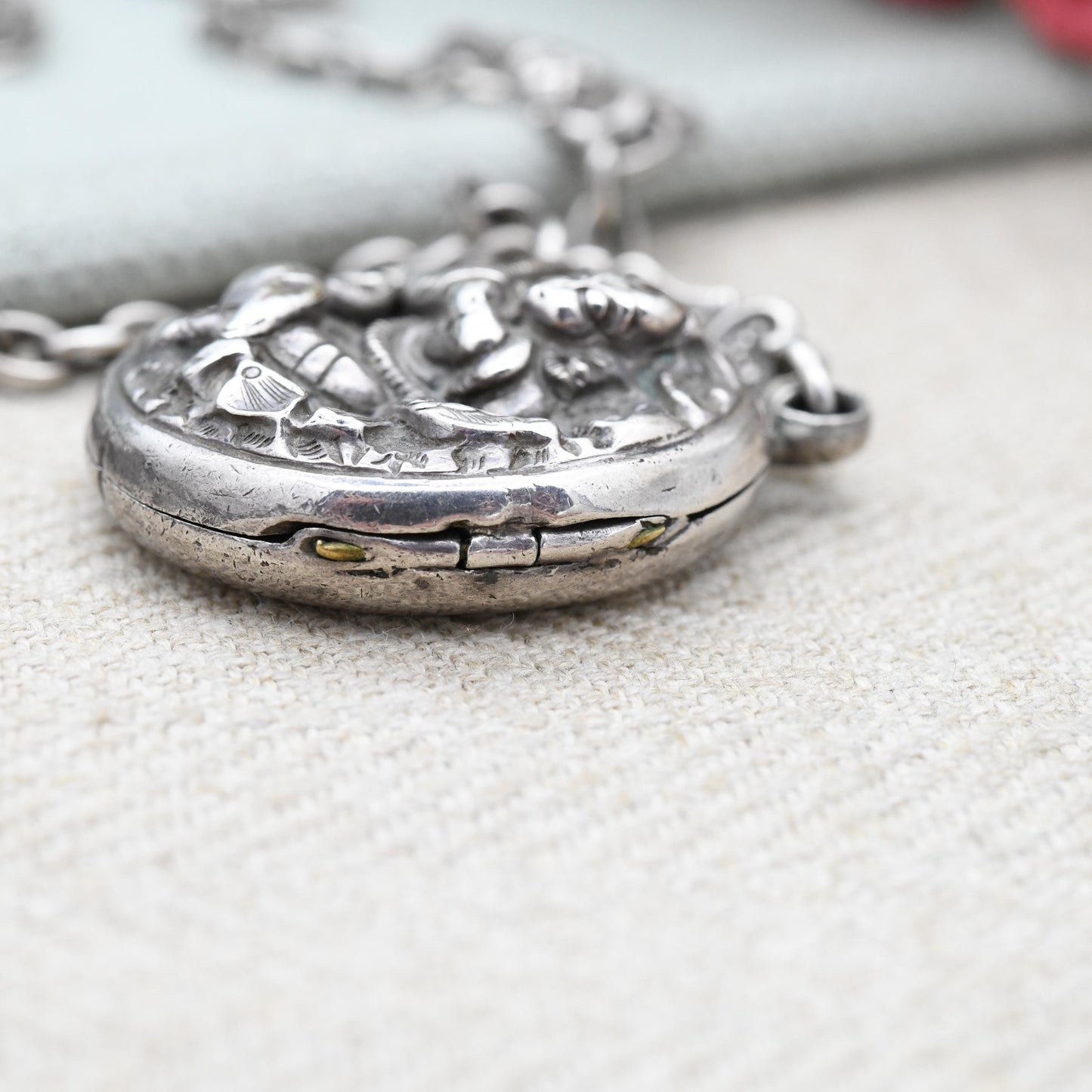 Antique Sterling Silver Locket Necklace with Hindu Deity Relief - Vishnu God on Garuda Eagle Bird Cross Legged Holding a Club | Asian Silver