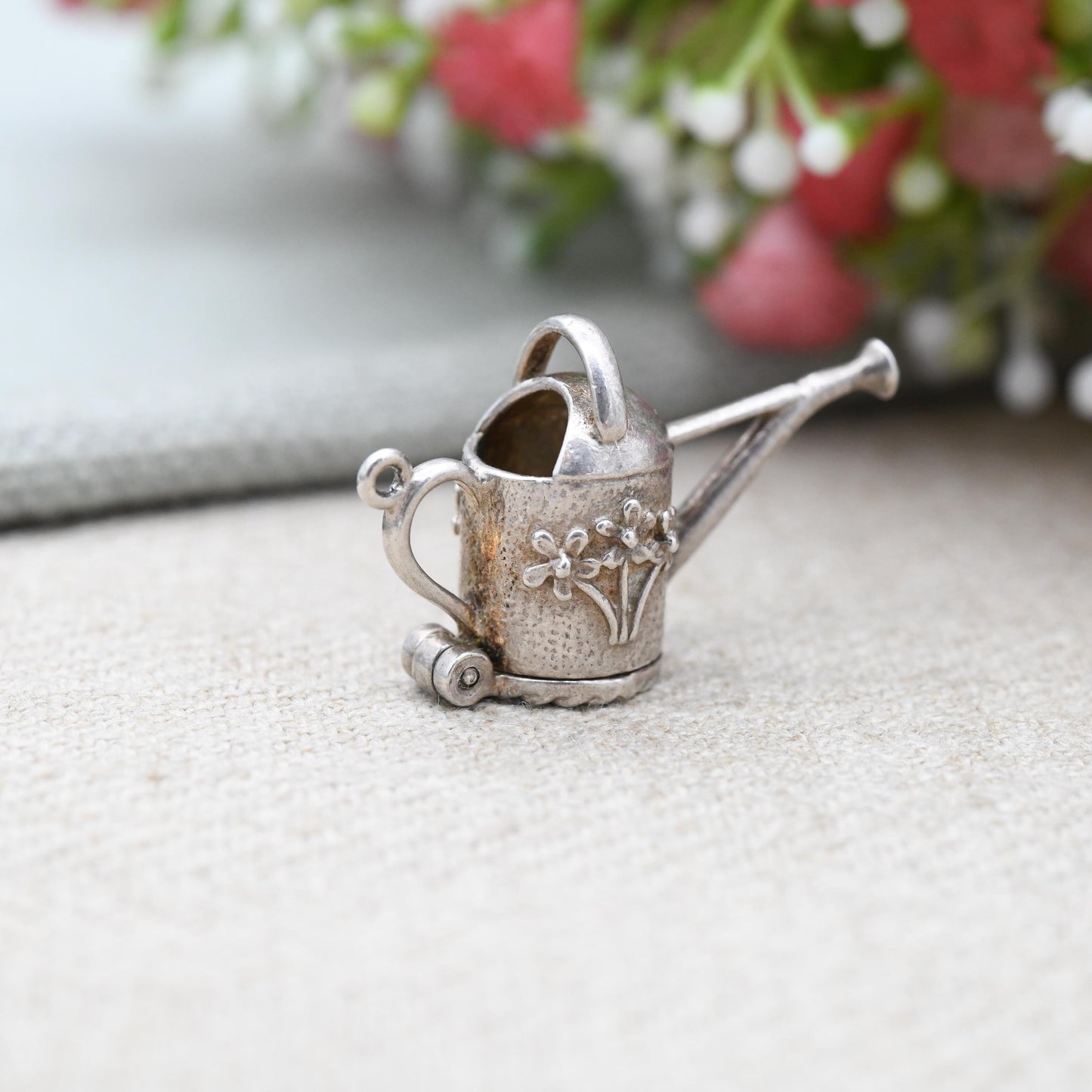 Vintage Sterling Silver Opening Watering Can Charm Pendant with Flower Inside - Pretty Florals | Opens to Reveal Flowers | Gift for Gardener