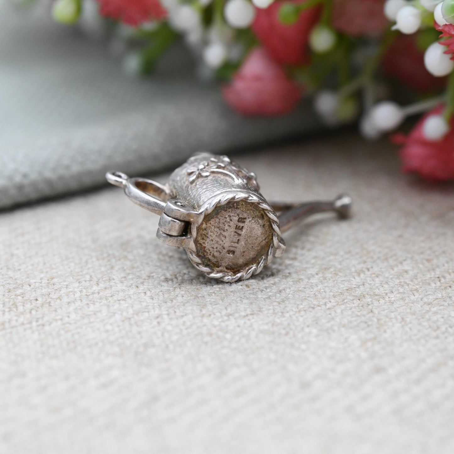Vintage Sterling Silver Opening Watering Can Charm Pendant with Flower Inside - Pretty Florals | Opens to Reveal Flowers | Gift for Gardener