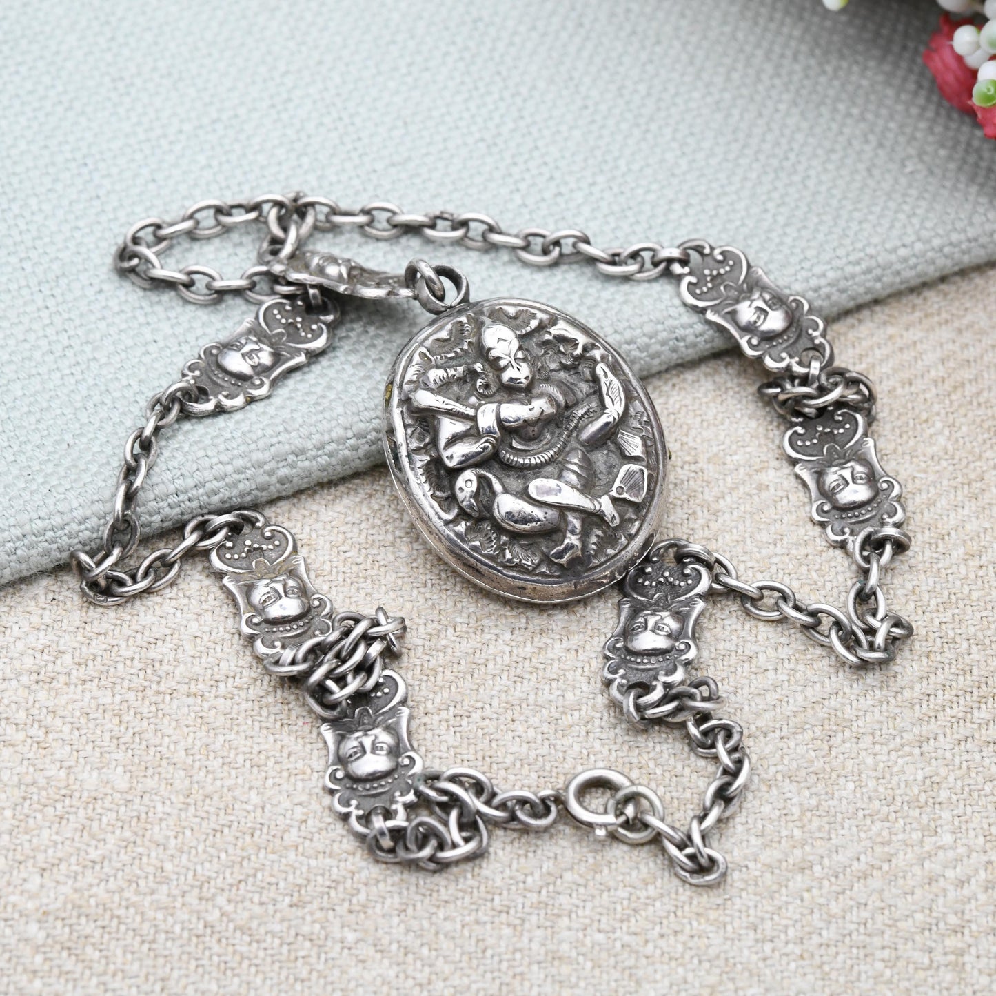 Antique Sterling Silver Locket Necklace with Hindu Deity Relief - Vishnu God on Garuda Eagle Bird Cross Legged Holding a Club | Asian Silver